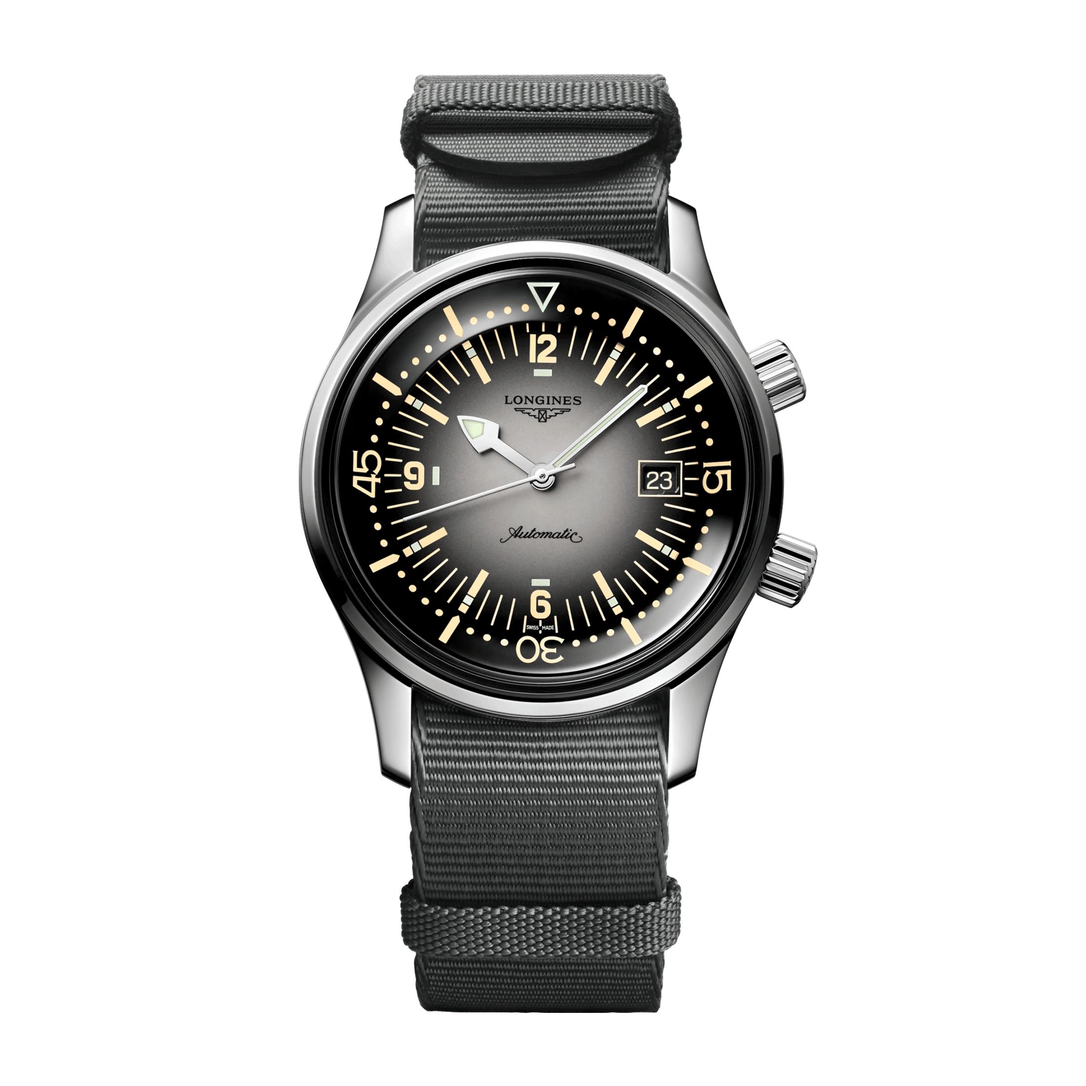 Montre Longines Legend Diver automatique cadran gris bracelet synthétique gris 42 mm