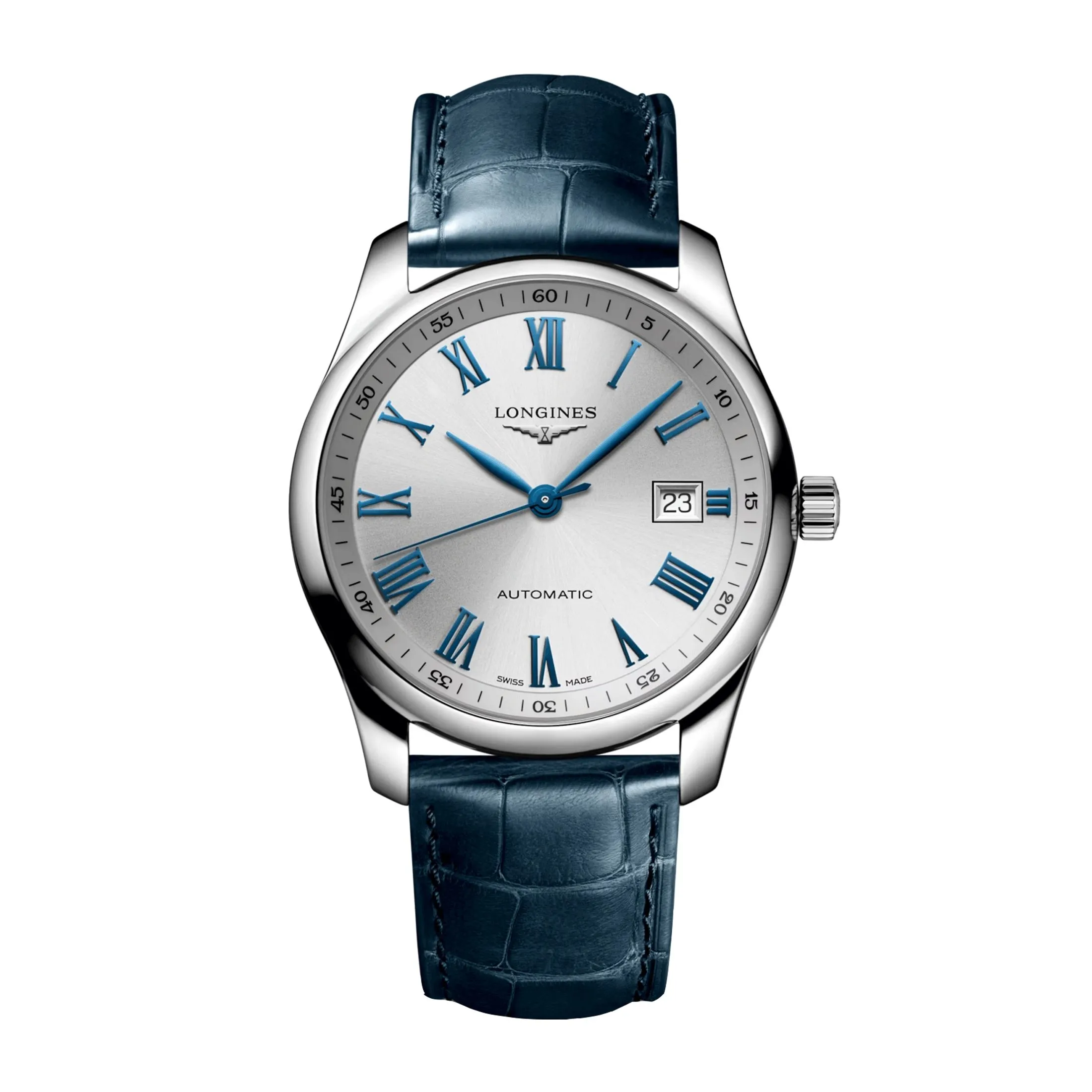 Montre Longines Master Collection automatique cadran argenté bracelet cuir bleu 40 mm