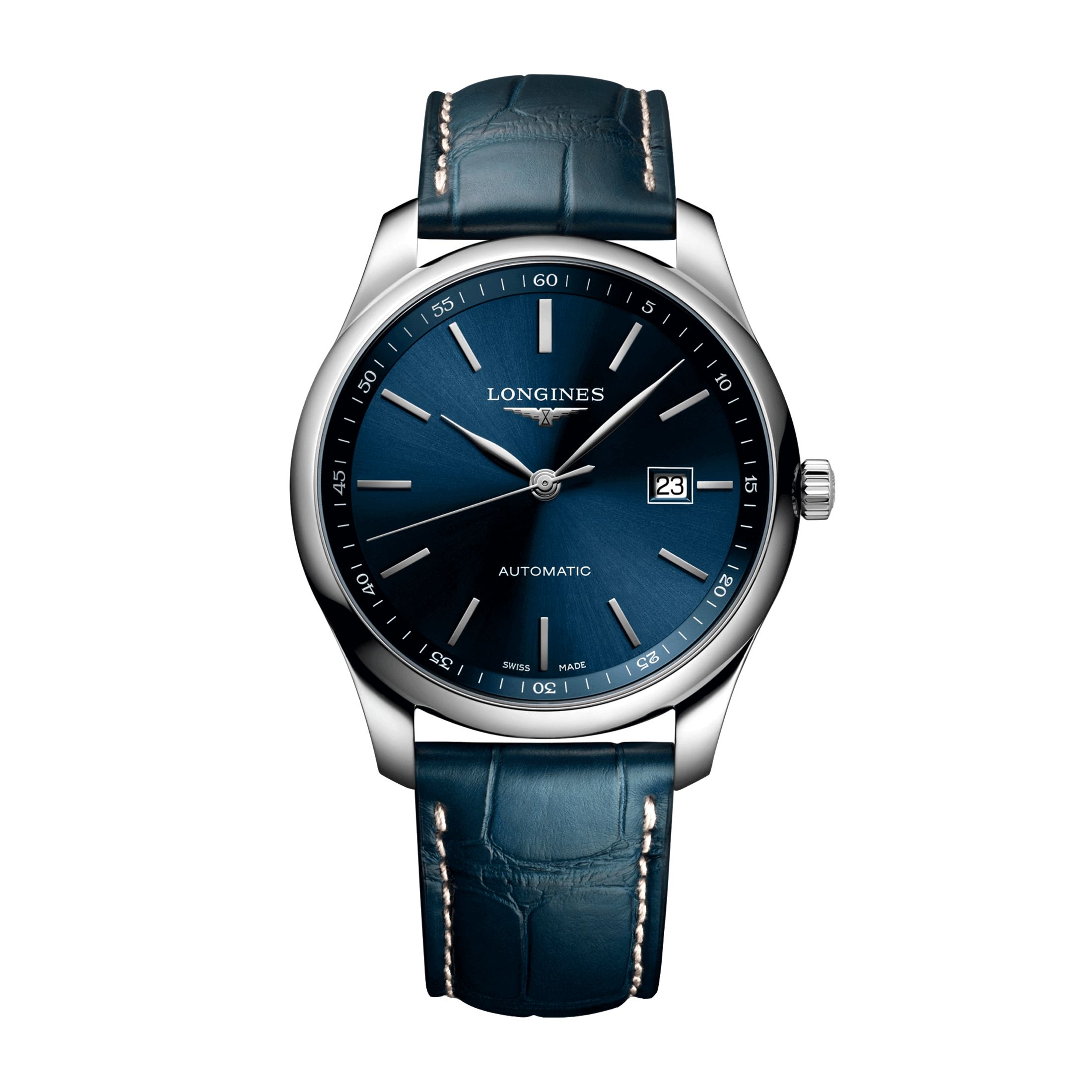 Montre Longines Master Collection automatique cadran bleu bracelet croco bleu 42 mm