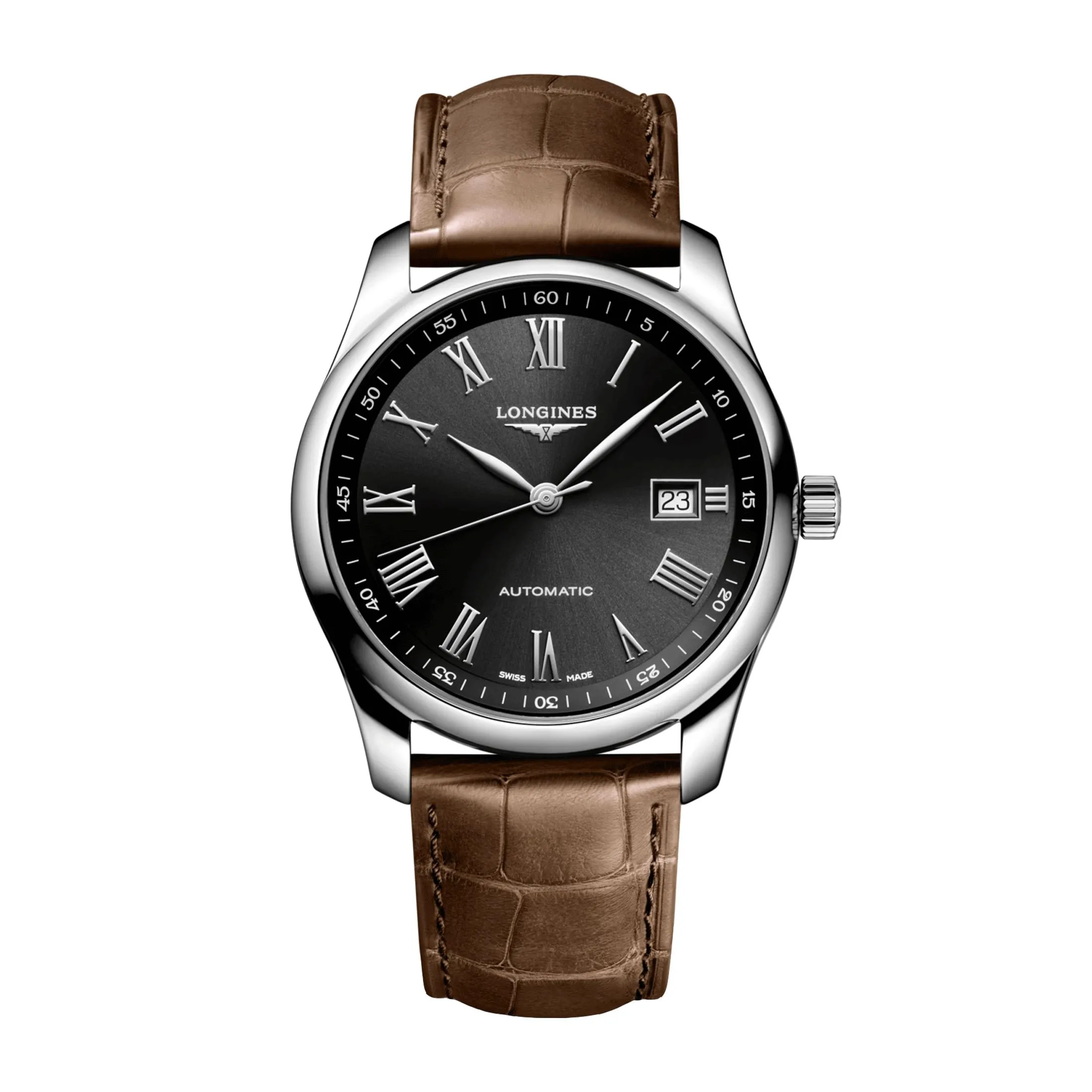 Montre Longines Master Collection automatique cadran noir bracelet cuir marron 40 mm