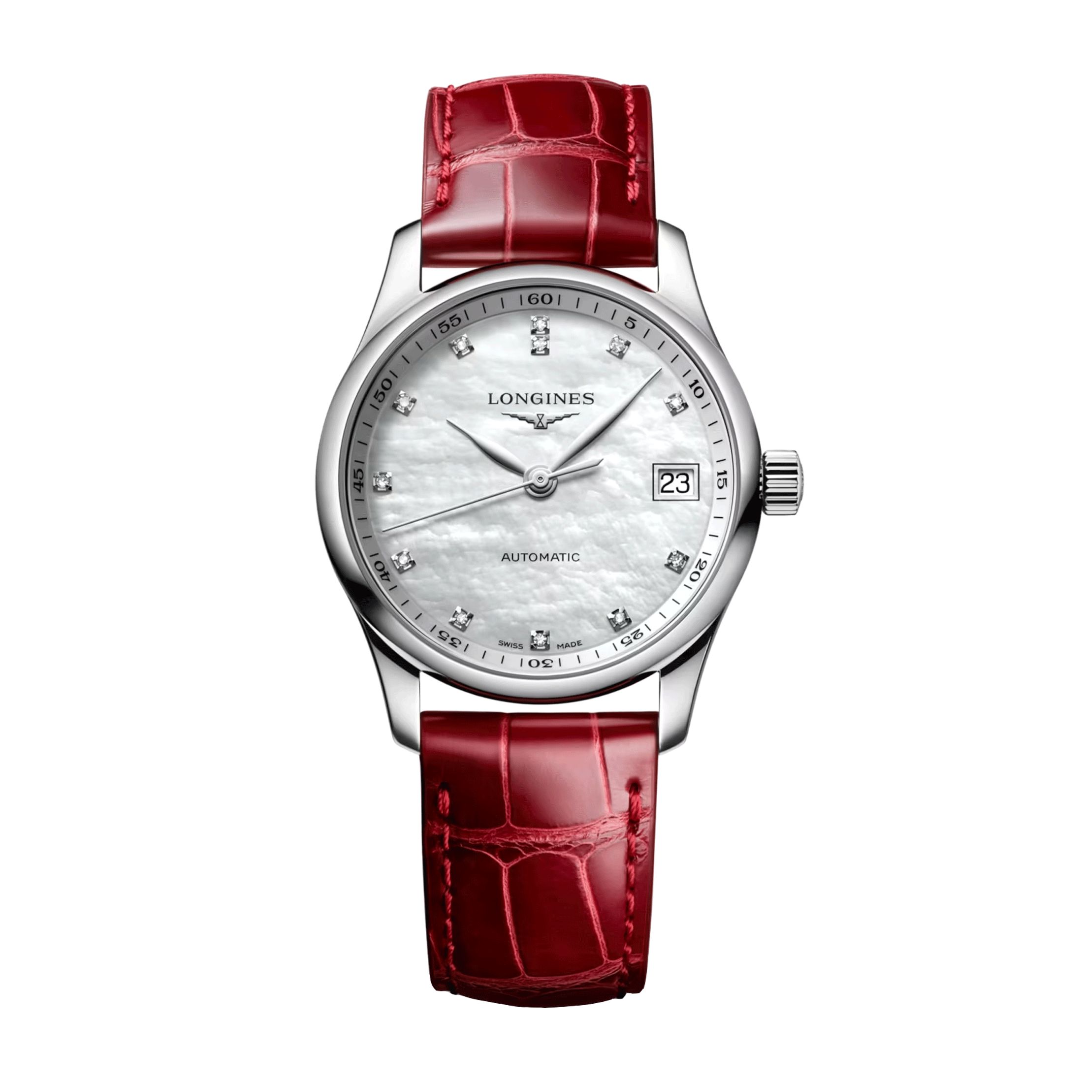 Montre Longines Master Collection automatique index diamants cadran nacre blanche bracelet cuir rouge 34 mm
