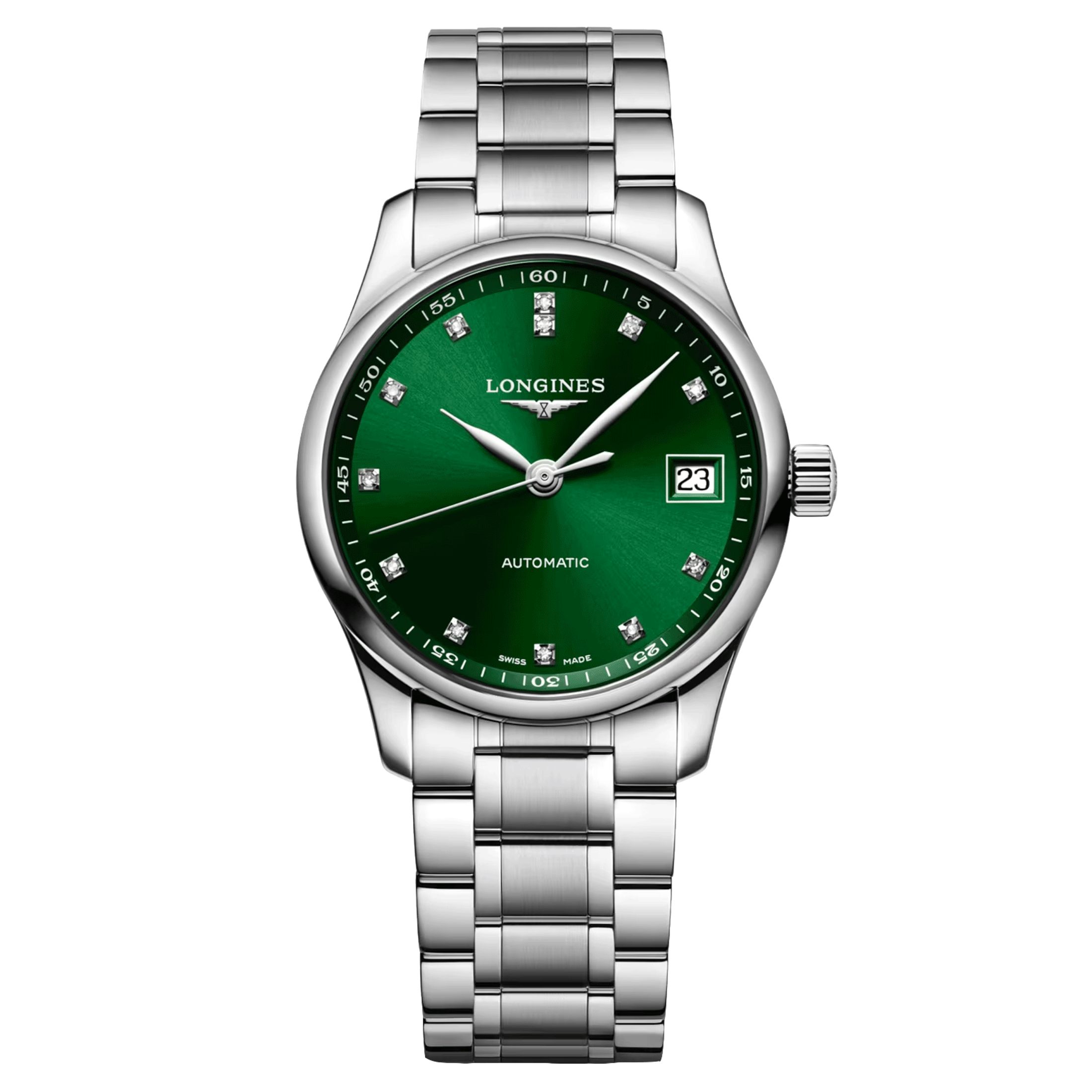 Montre Longines Master Collection automatique index diamants cadran vert bracelet acier 34 mm