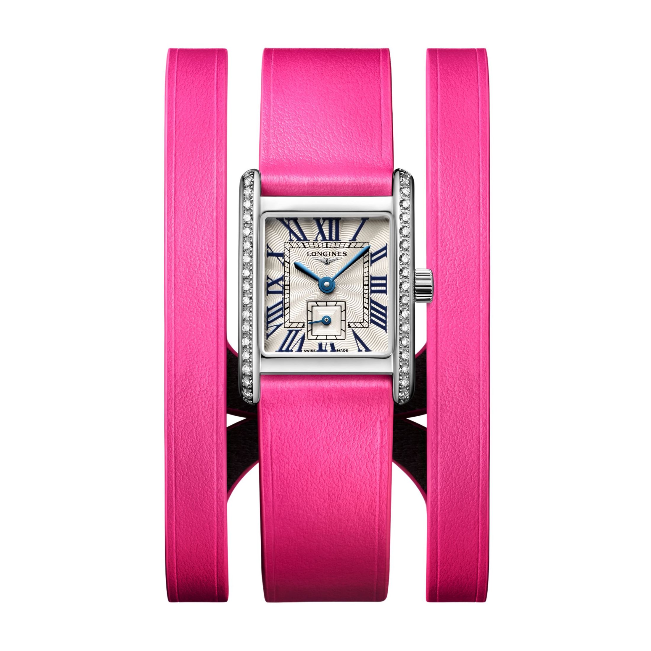 Montre Longines Mini DolceVita quartz cadran argent flinqué lunette sertie bracelet cuir double-tour rose 21,5 x 29 mm