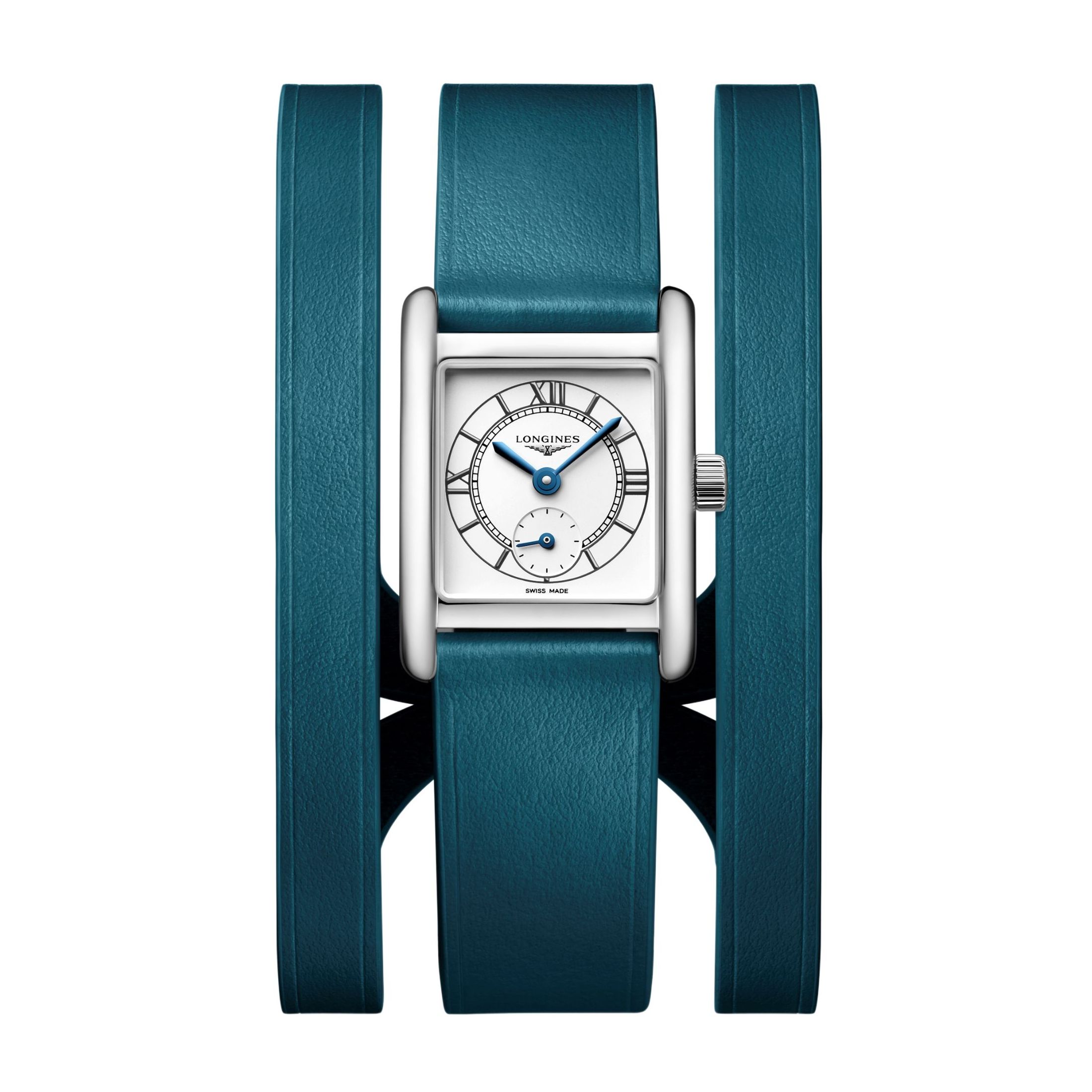 Montre Longines Mini DolceVita quartz cadran argent sablé bracelet cuir double-tour bleu 21,5 x 29 mm
