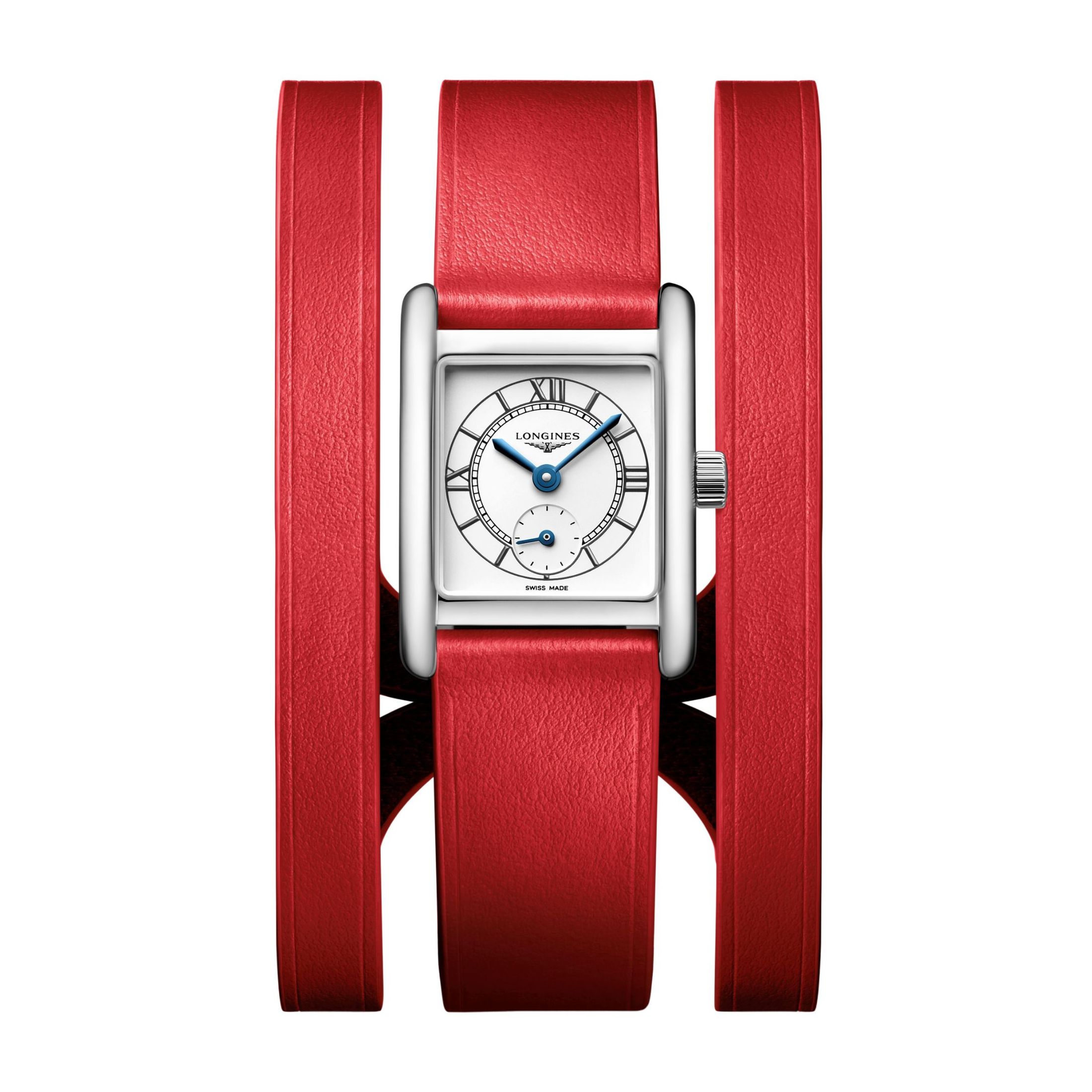 Montre Longines Mini DolceVita quartz cadran argent sablé bracelet cuir double-tour rouge 21,5 x 29 mm