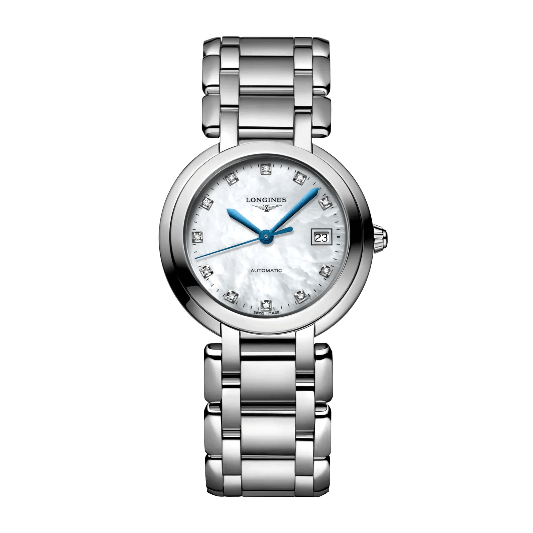 Montre Longines Primaluna automatique cadran nacre index diamants bracelet acier 30 mm