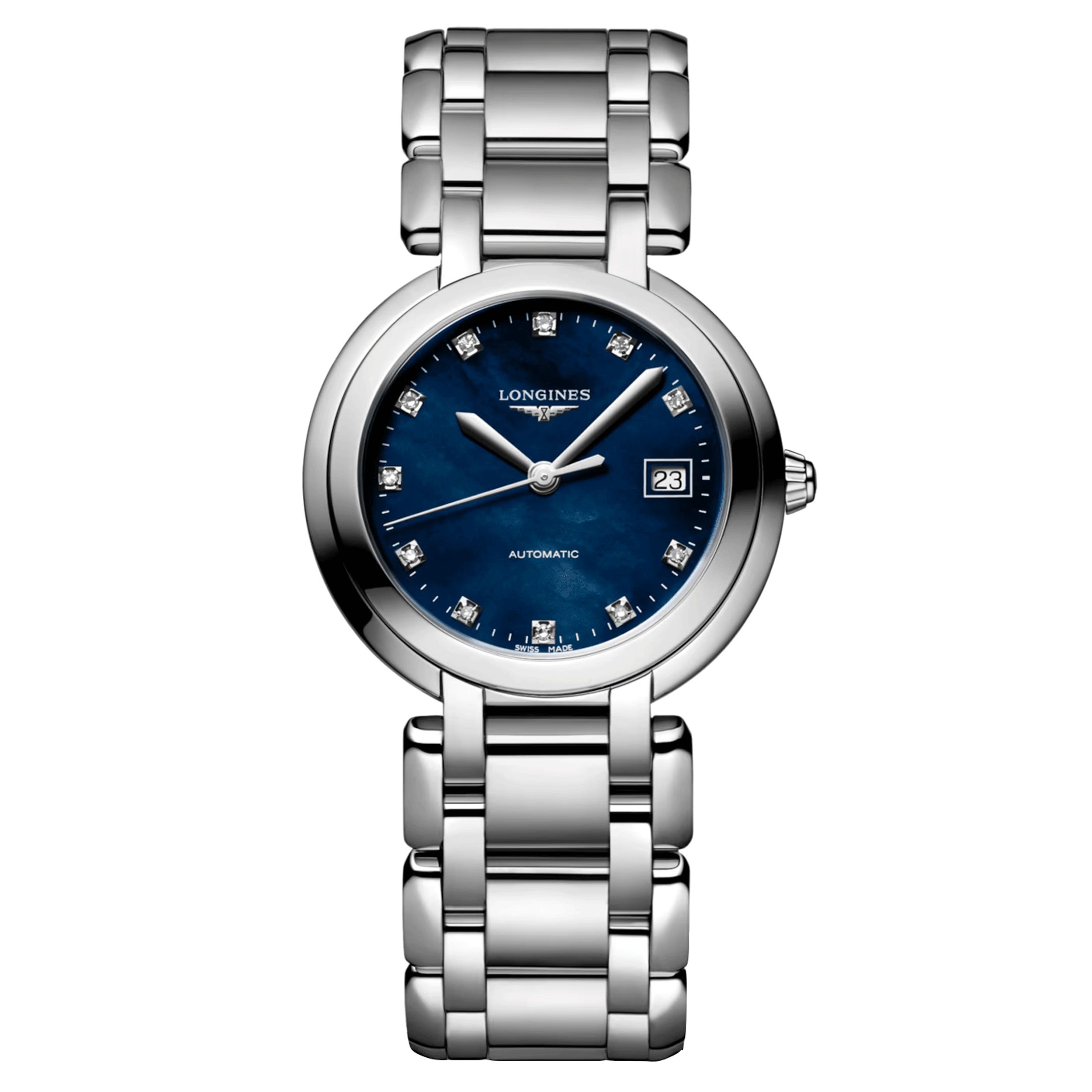 Montre Longines PrimaLuna automatique index diamants cadran nacre bleue bracelet acier 30 mm