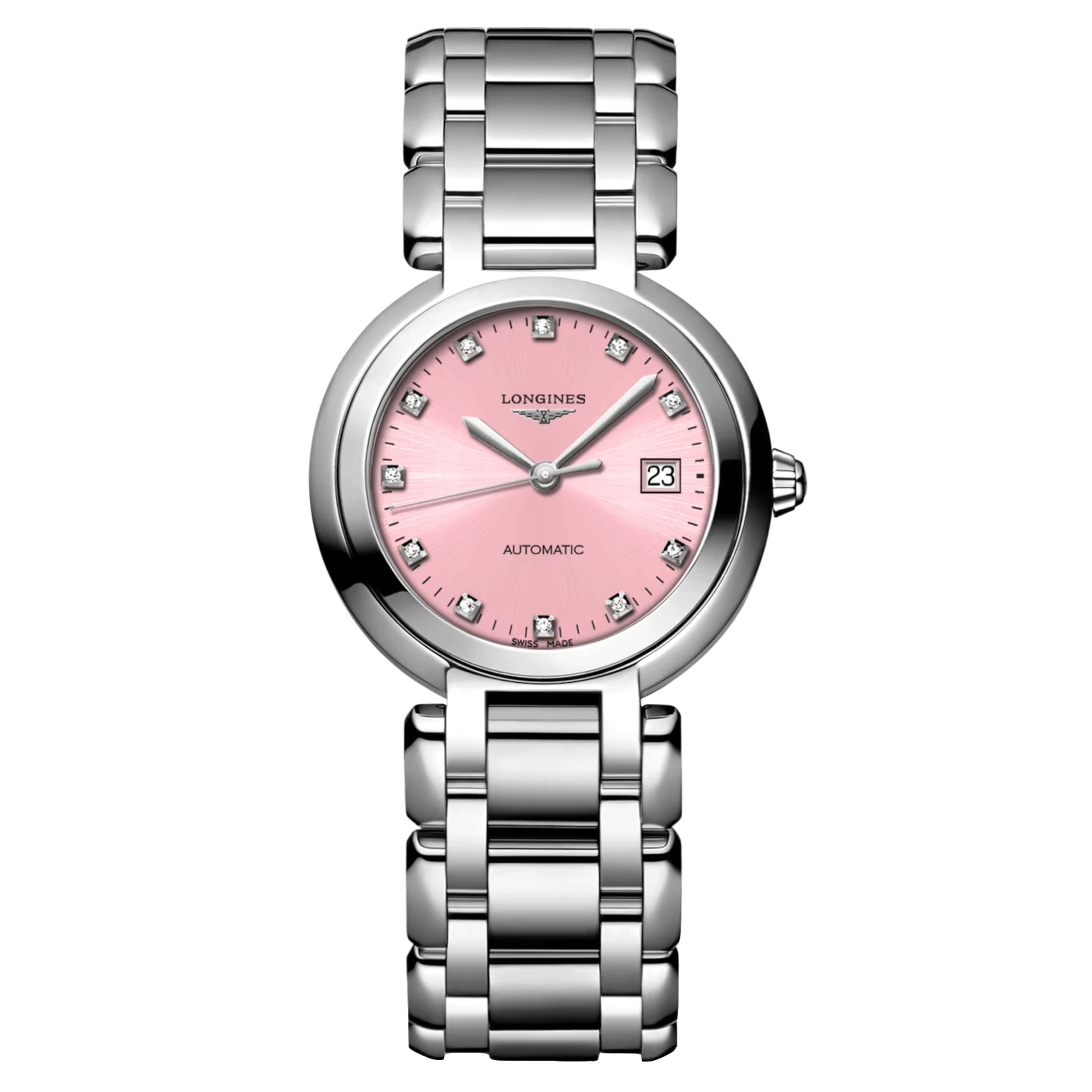Montre Longines PrimaLuna automatique index diamants cadran rose bracelet acier 30 mm