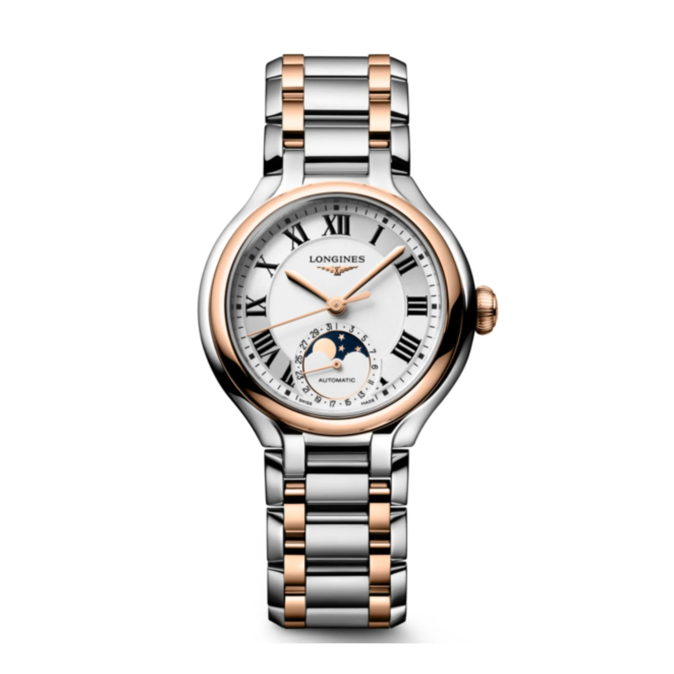 Montre Longines PrimaLuna Moonphase auto cadran blanc bracelet acier et or rose 34 mm