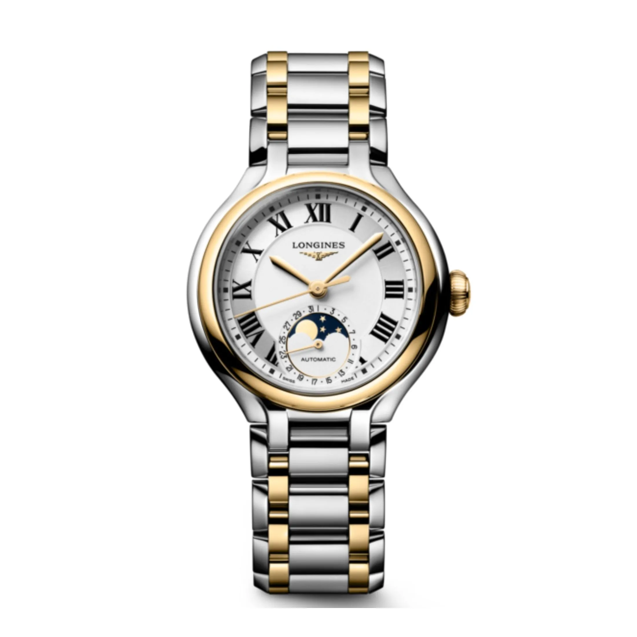 Montre Longines PrimaLuna Moonphase auto cadran blanc bracelet acier et or jaune 34 mm