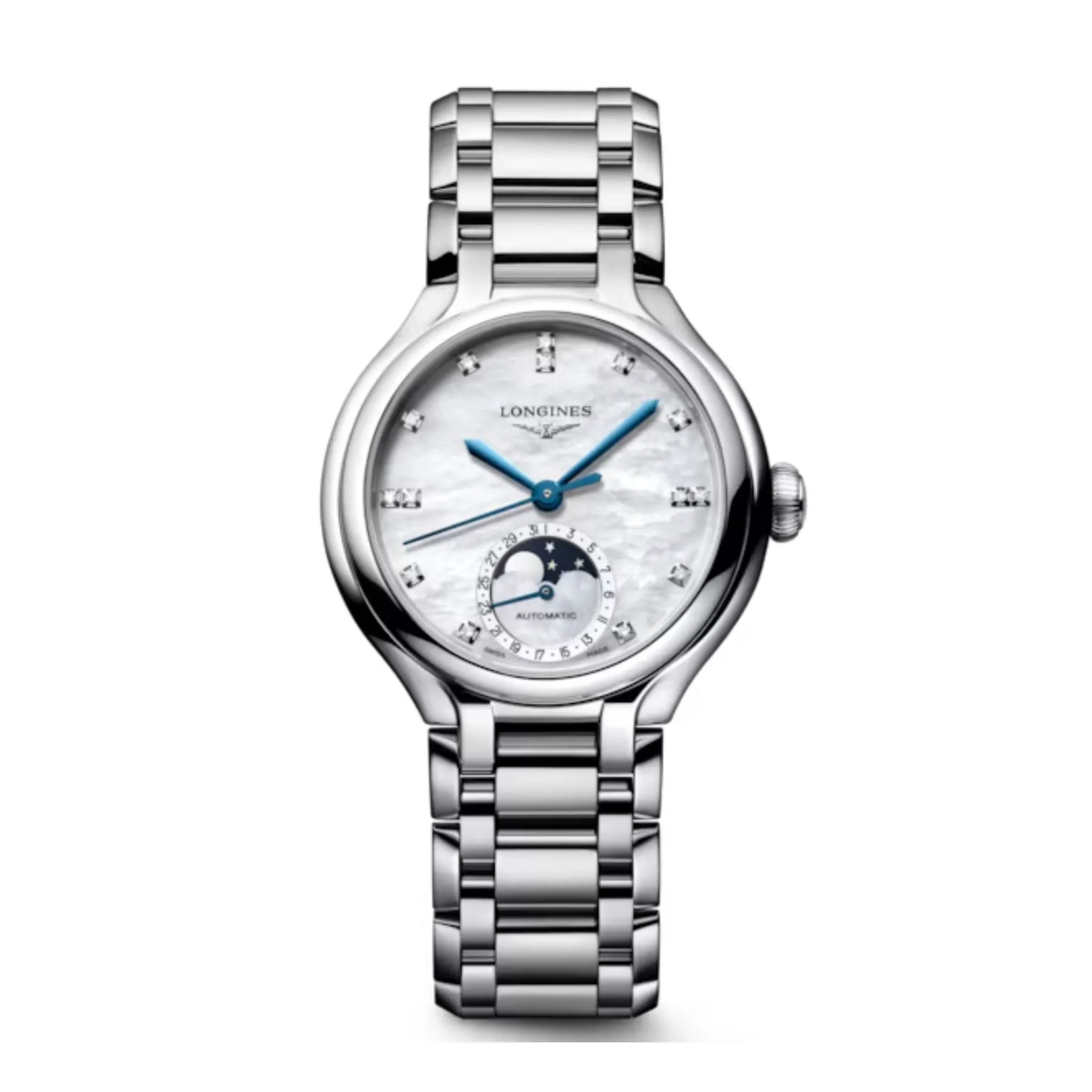 Montre Longines PrimaLuna Moonphase auto cadran nacre blanche index diamants bracelet acier 34 mm