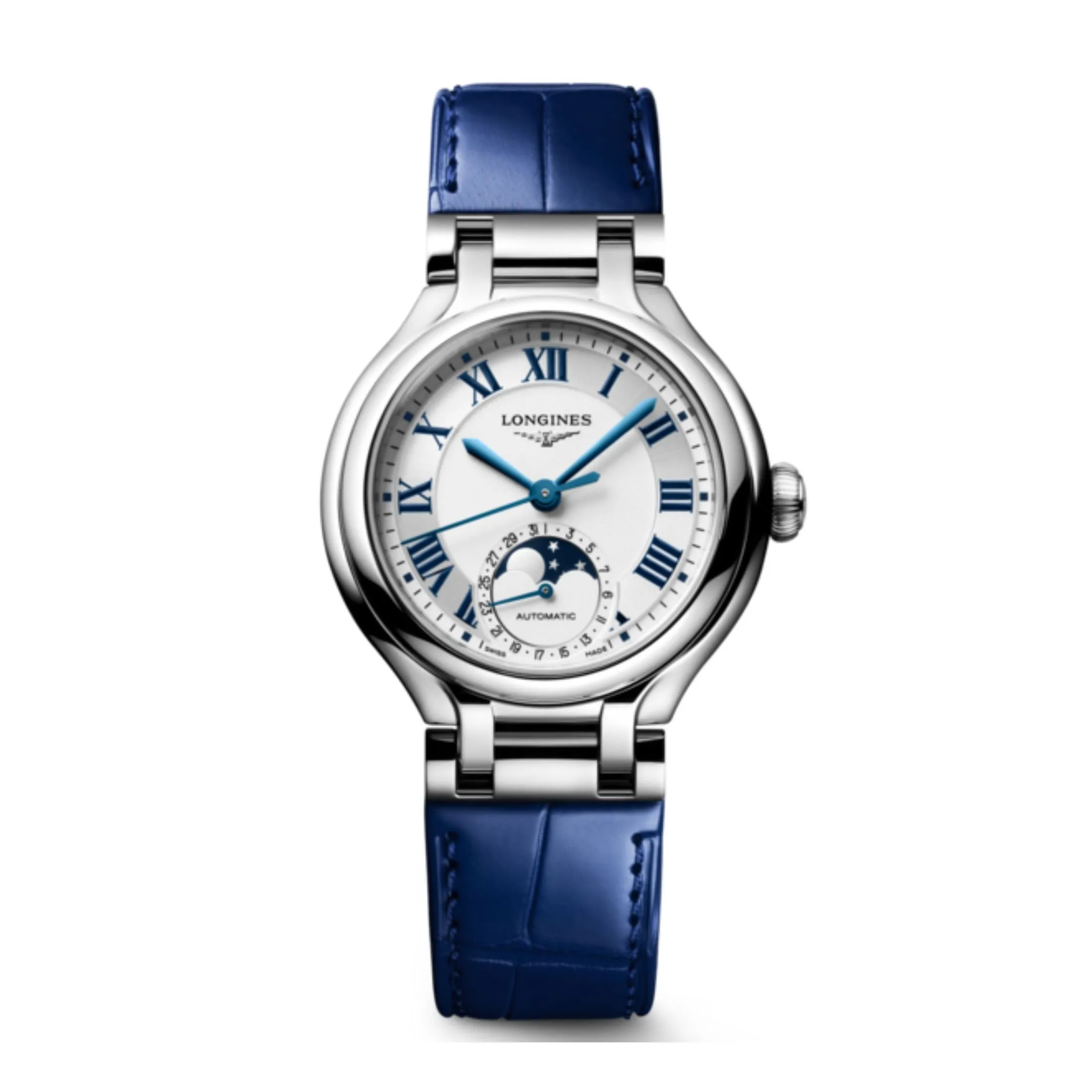 Montre Longines PrimaLuna Moonphase automatique cadran blanc bracelet cuir bleu 34 mm