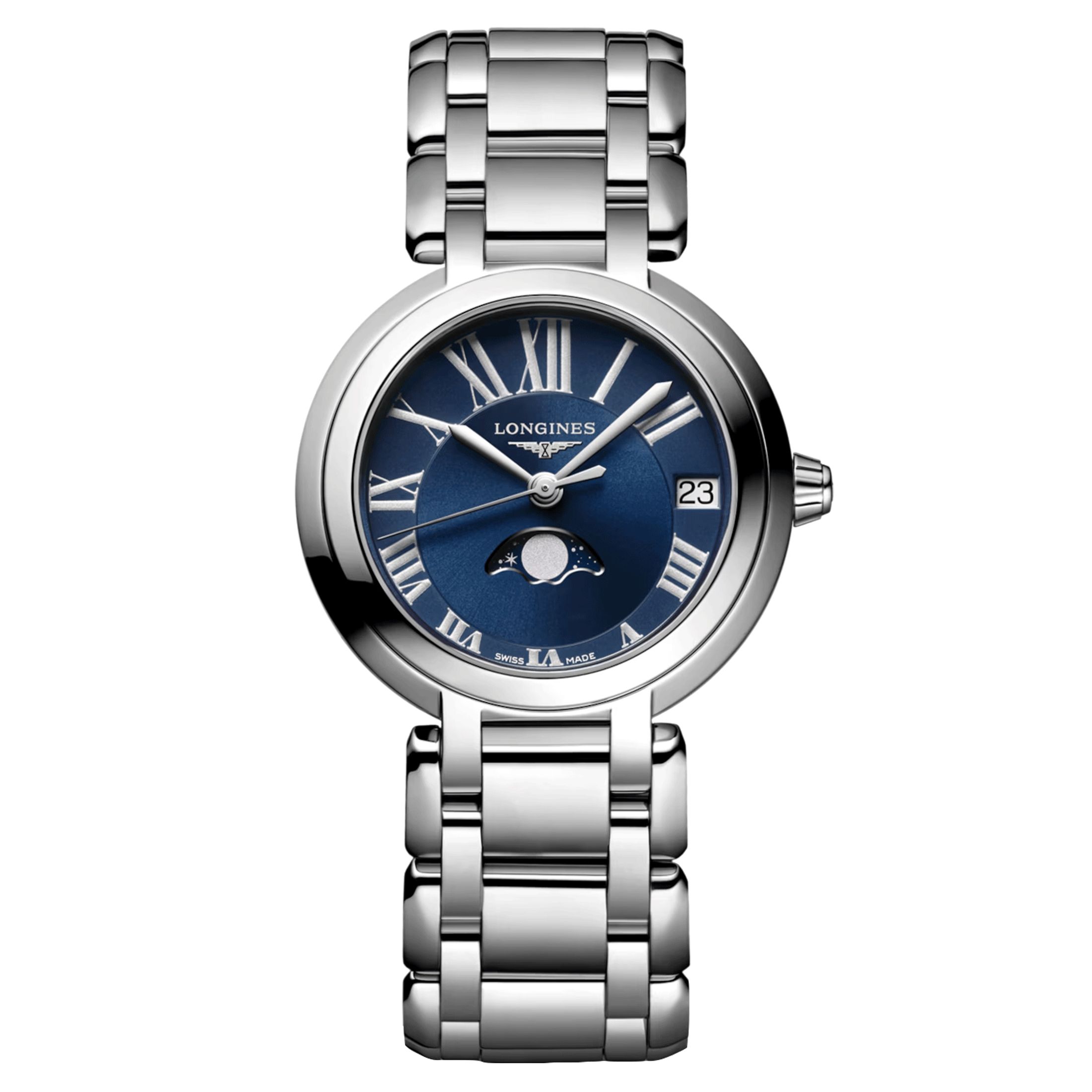 Montre Longines PrimaLuna Moonphase quartz cadran bleu bracelet acier 30,5 mm