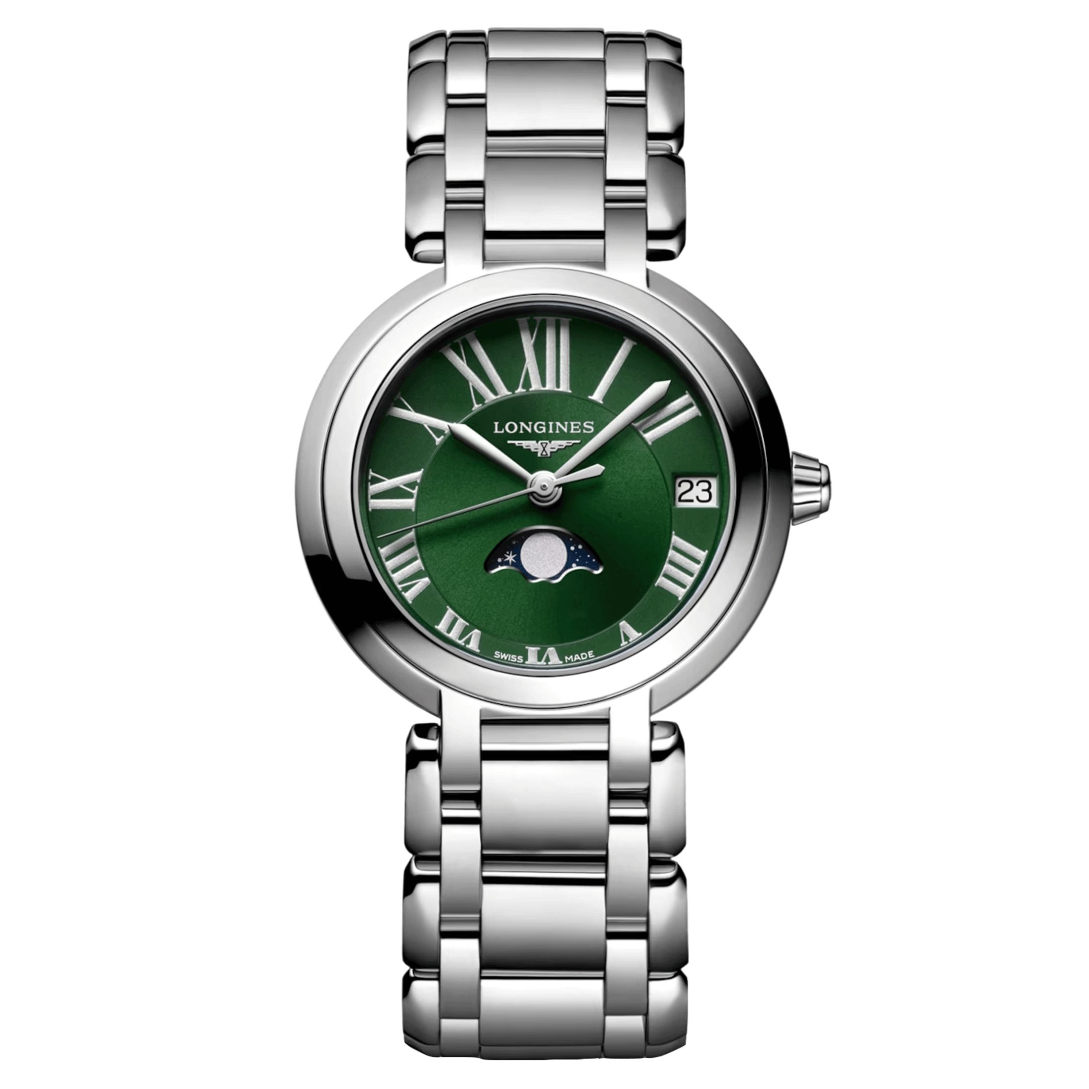 Montre Longines PrimaLuna Moonphase quartz cadran vert bracelet acier 30,5 mm