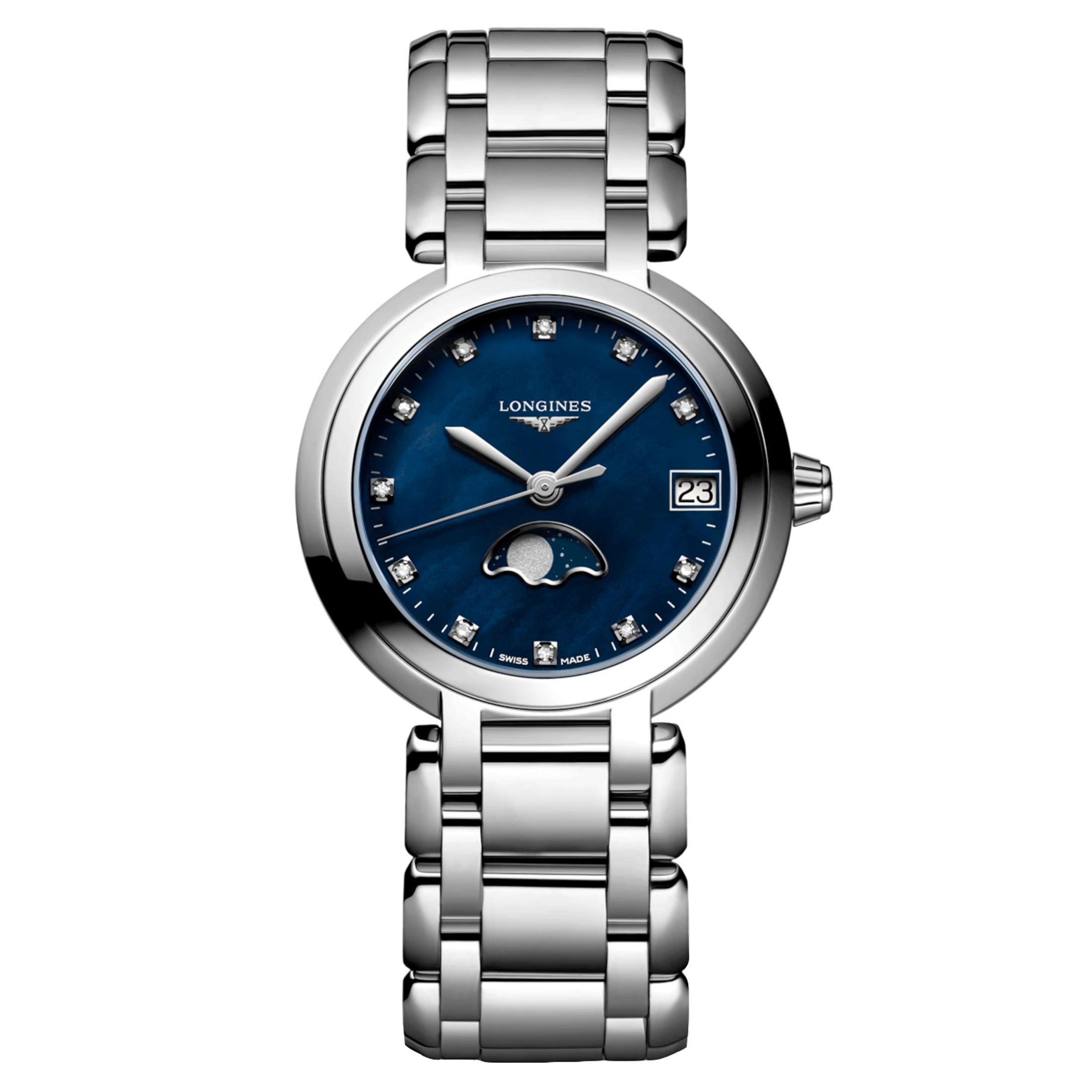 Montre Longines PrimaLuna Moonphase quartz index diamants cadran nacre bleue bracelet acier 30,5 mm