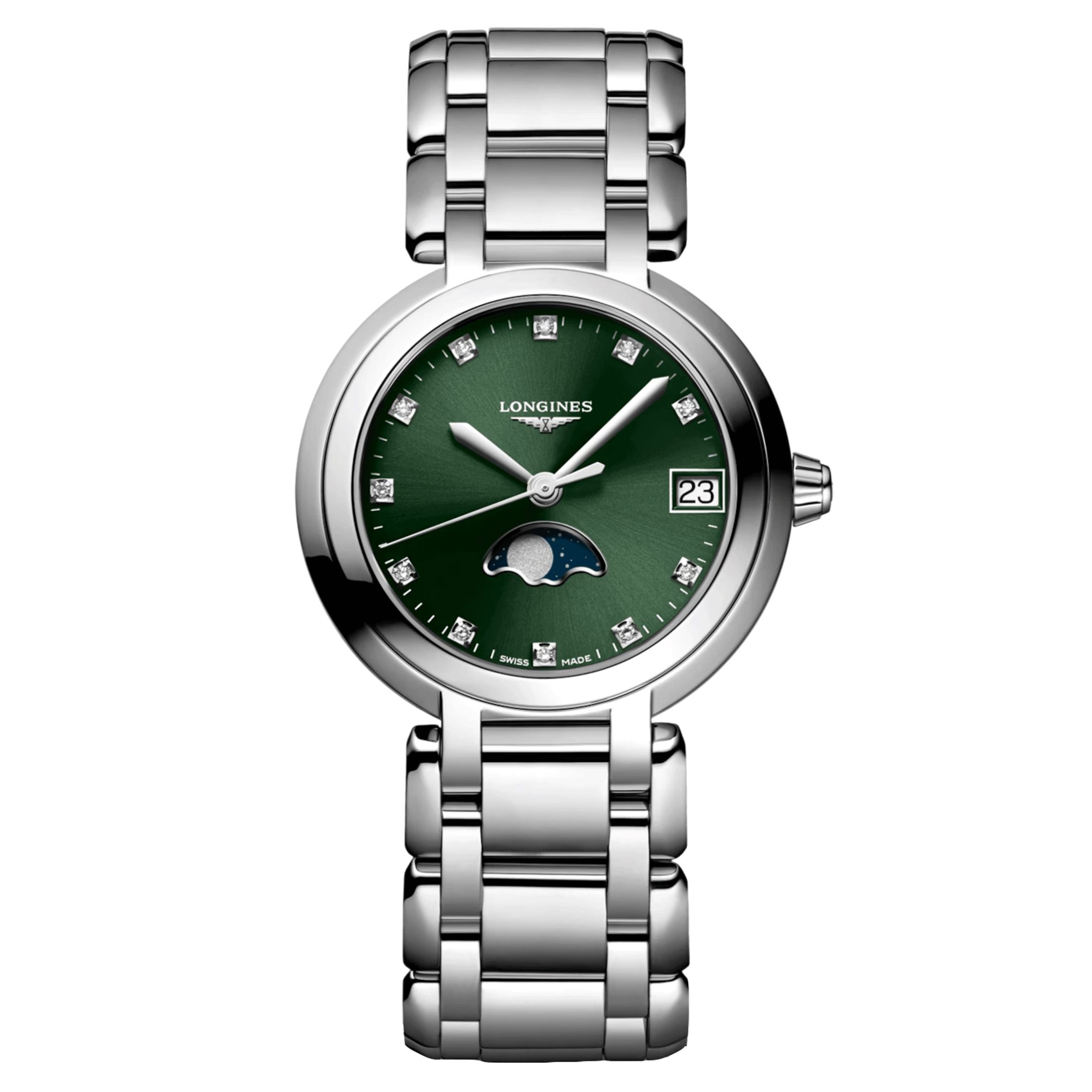 Montre Longines PrimaLuna Moonphase quartz index diamants cadran vert bracelet acier 30,5 mm