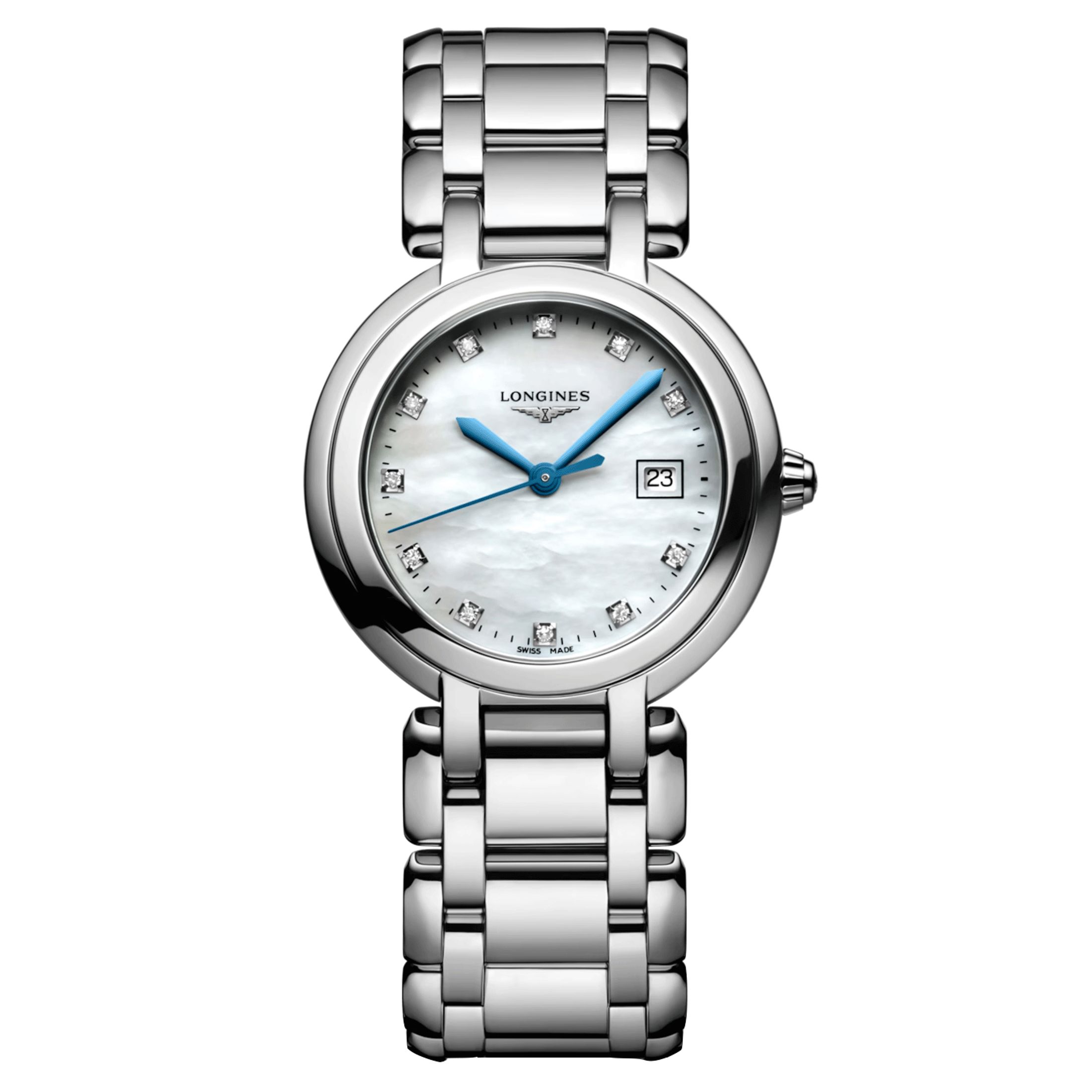 Montre Longines PrimaLuna quartz index diamants cadran nacre blanche bracelet acier 30 mm