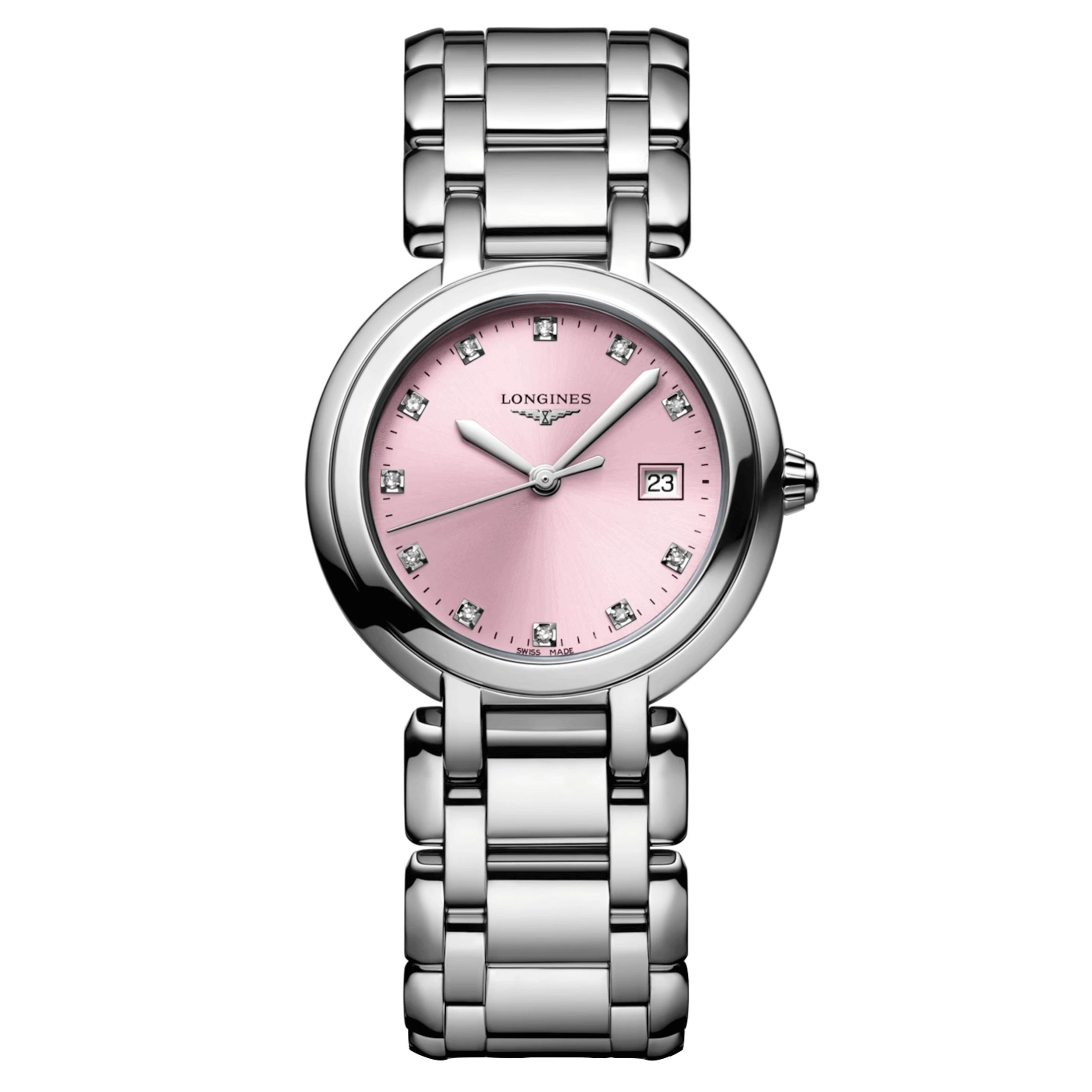 Montre Longines PrimaLuna quartz index diamants cadran rose bracelet acier 30 mm