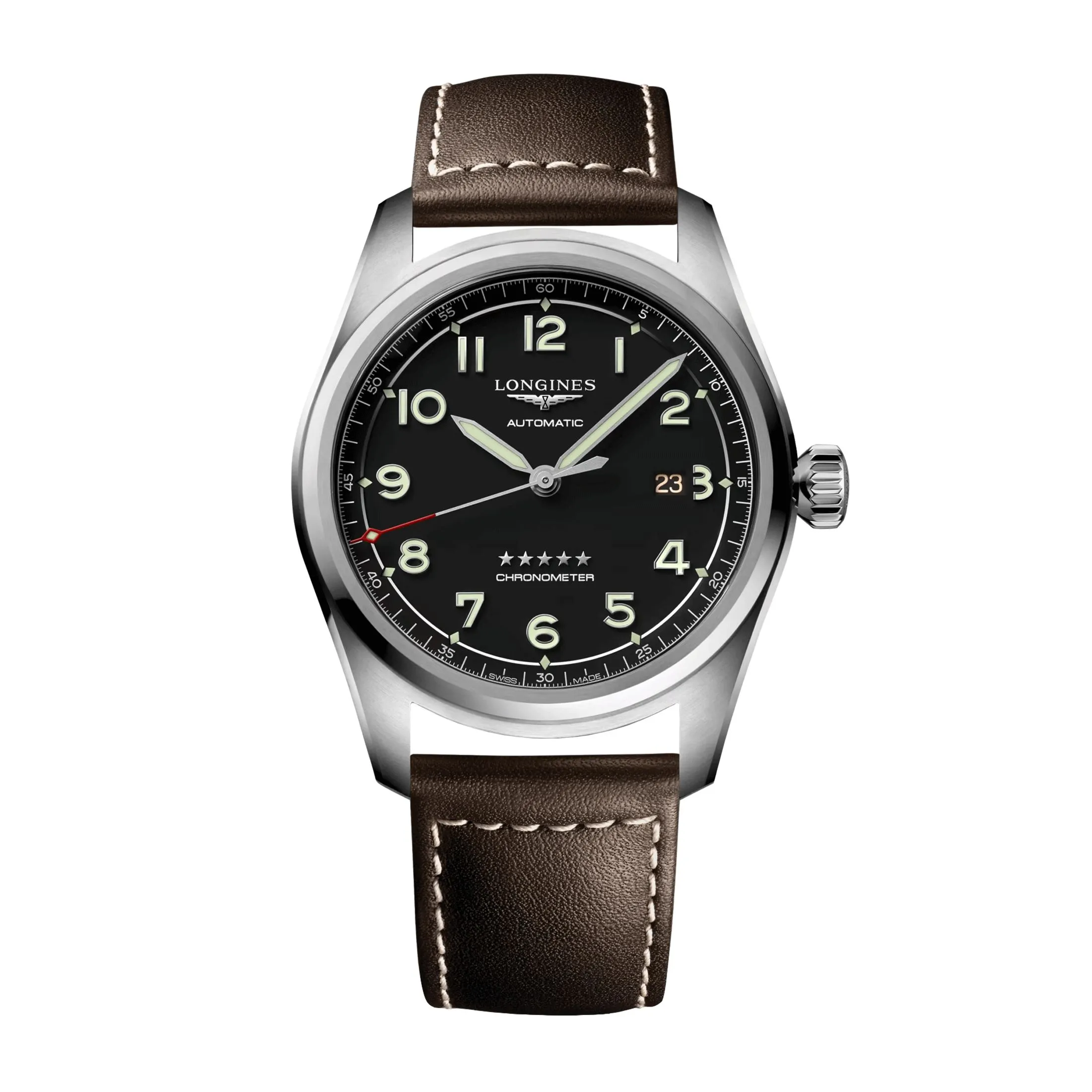 Montre Longines Spirit automatique cadran noir bracelet cuir marron 42 mm