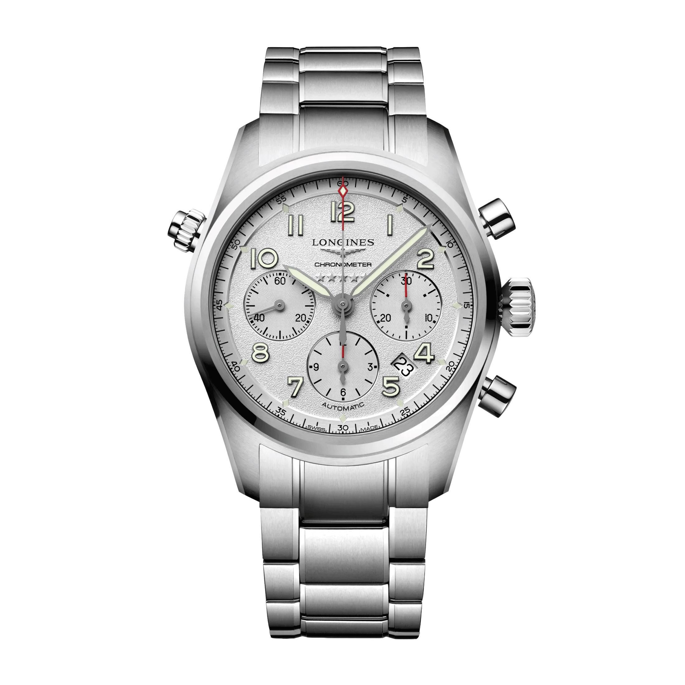 Montre Longines Spirit automatique chronographe cadran argenté bracelet acier 42 mm