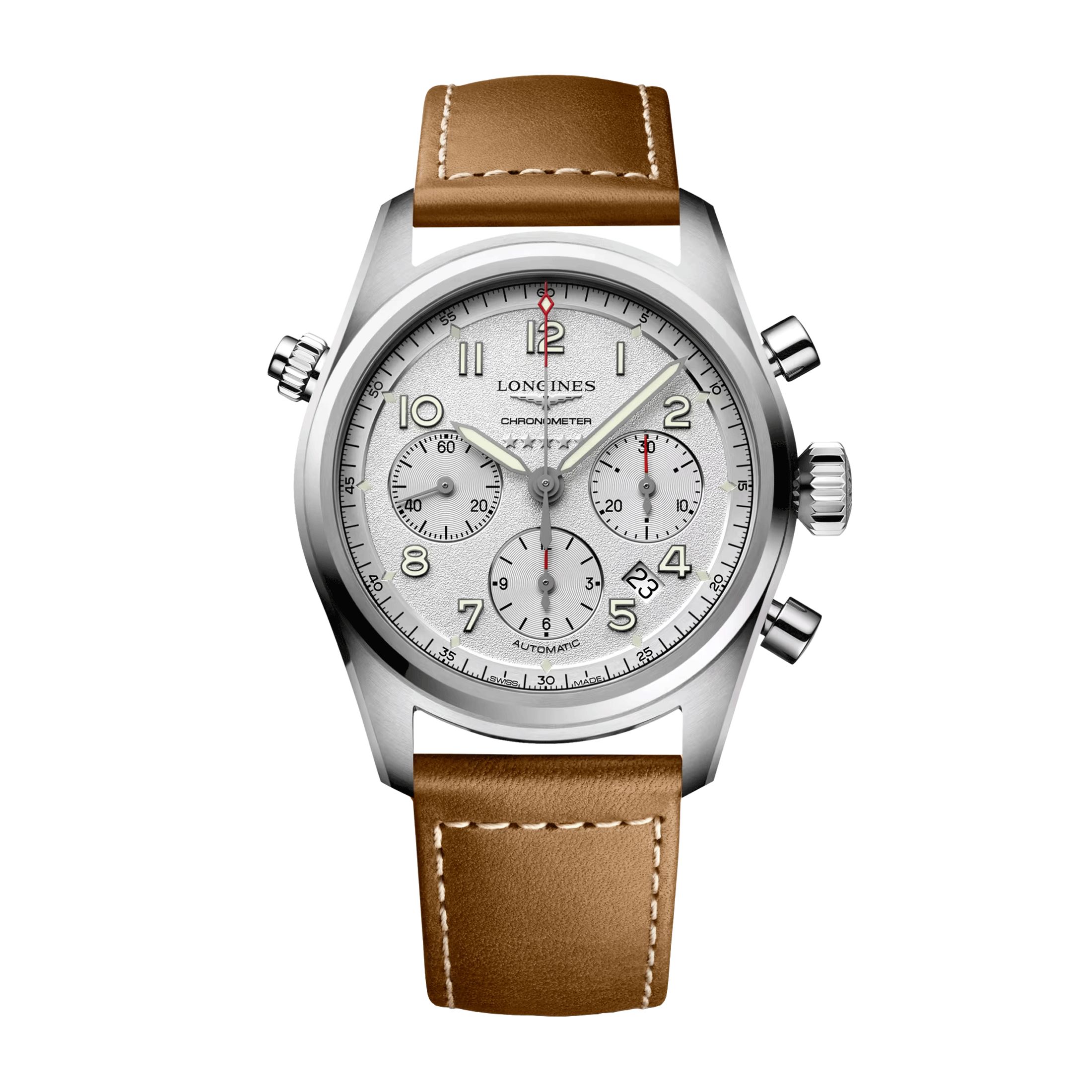 Montre Longines Spirit automatique chronographe cadran argenté bracelet cuir brun 42 mm