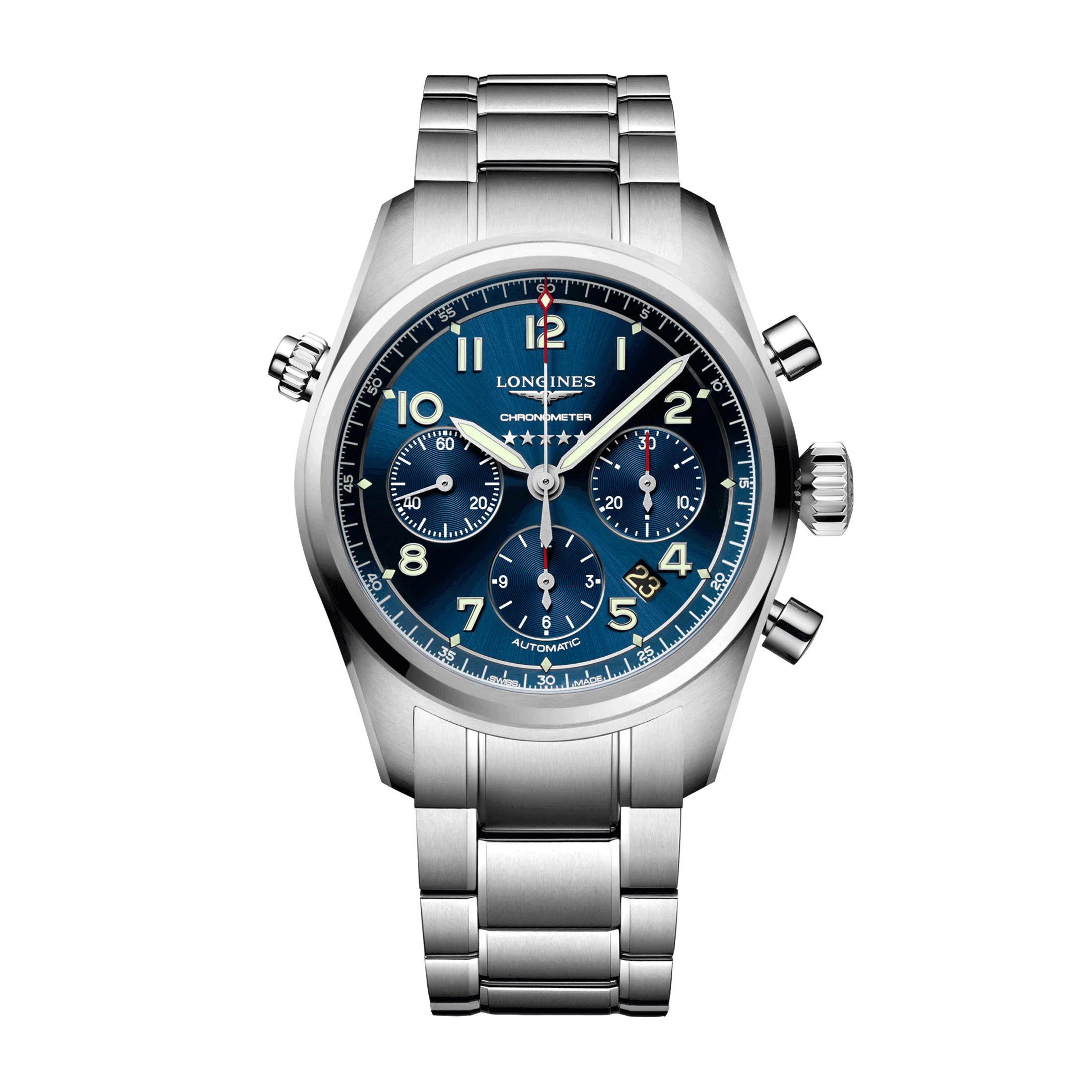 Montre Longines Spirit automatique chronographe cadran bleu bracelet acier 42 mm