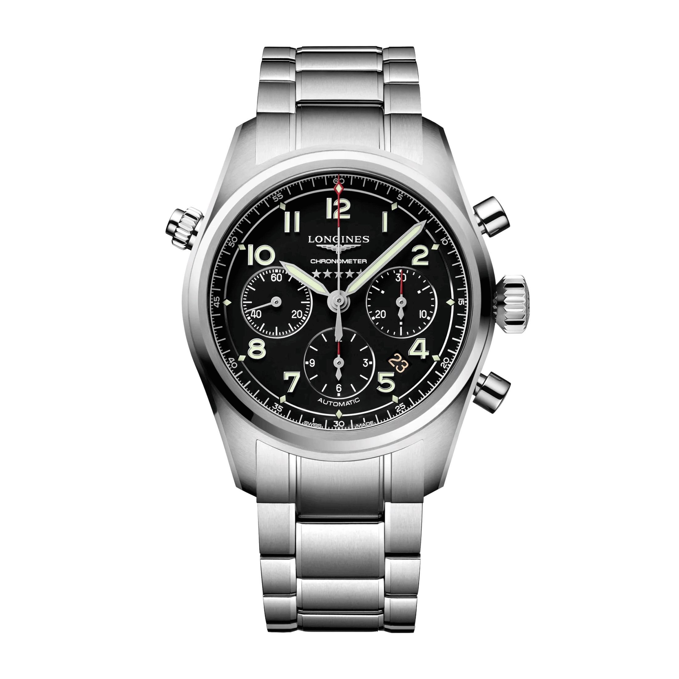 Montre Longines Spirit automatique chronographe cadran noir bracelet acier 42 mm