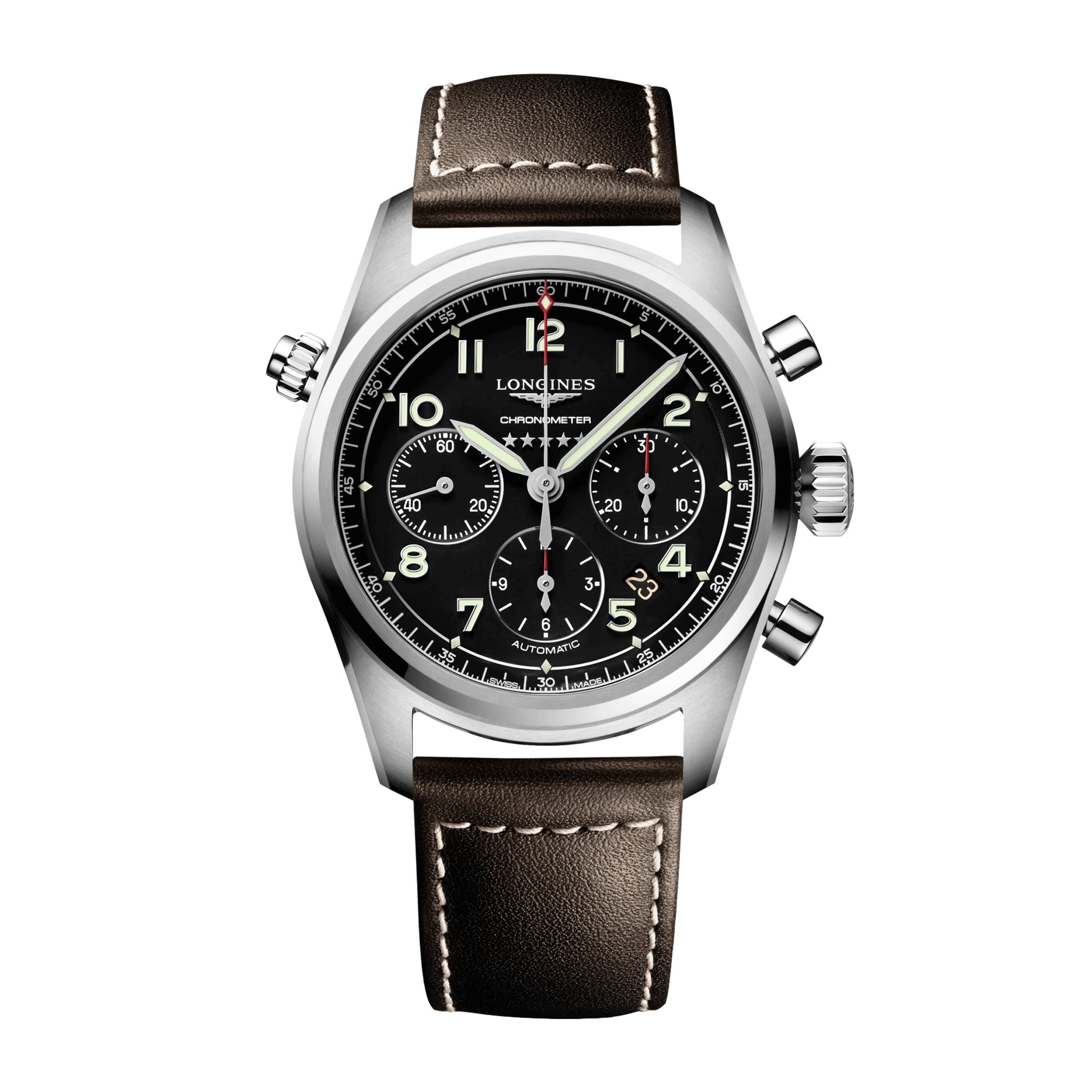 Montre Longines Spirit automatique chronographe cadran noir bracelet cuir marron 42 mm