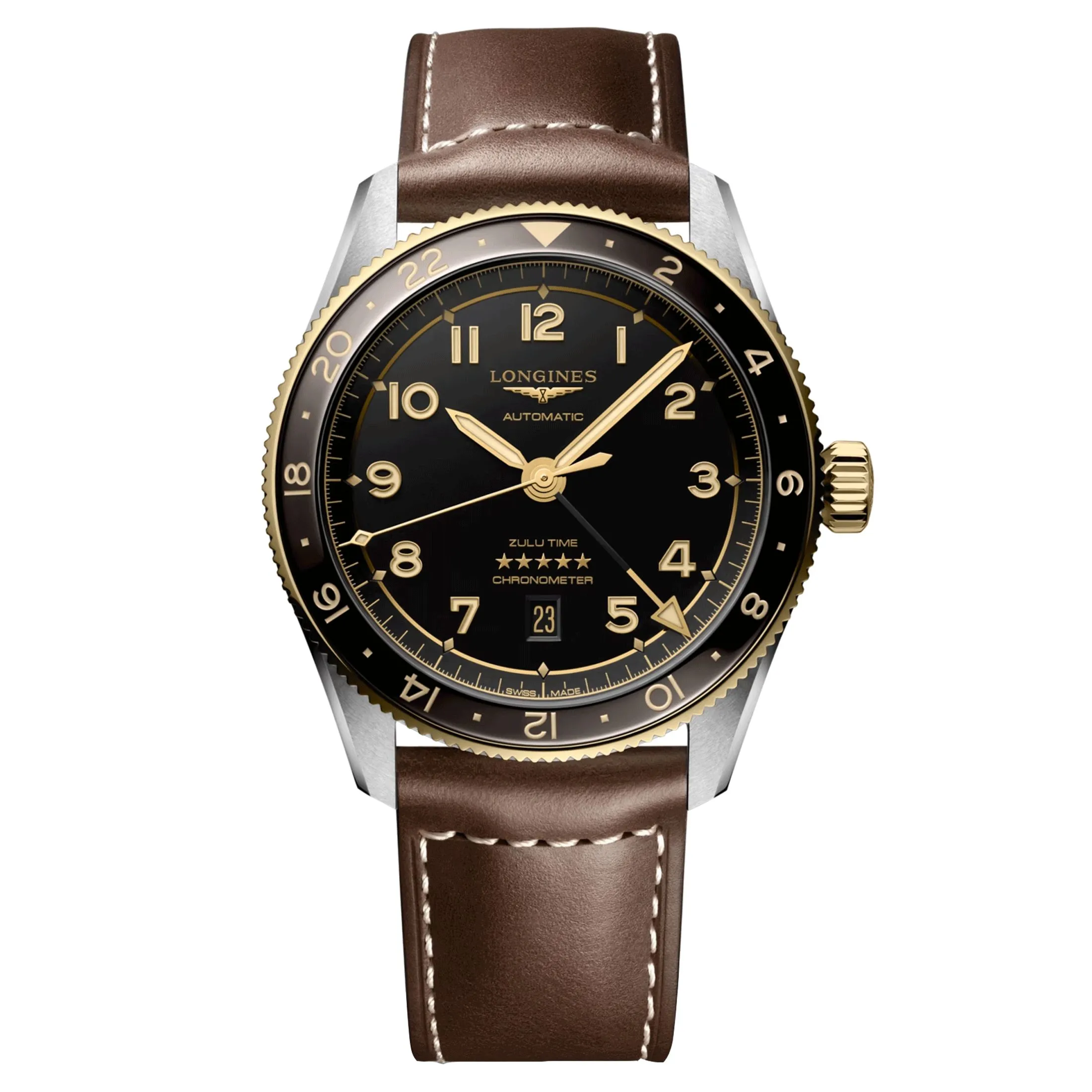 Montre Longines Spirit Zulu Time Steel&Gold automatique cadran noir bracelet cuir brun 42 mm