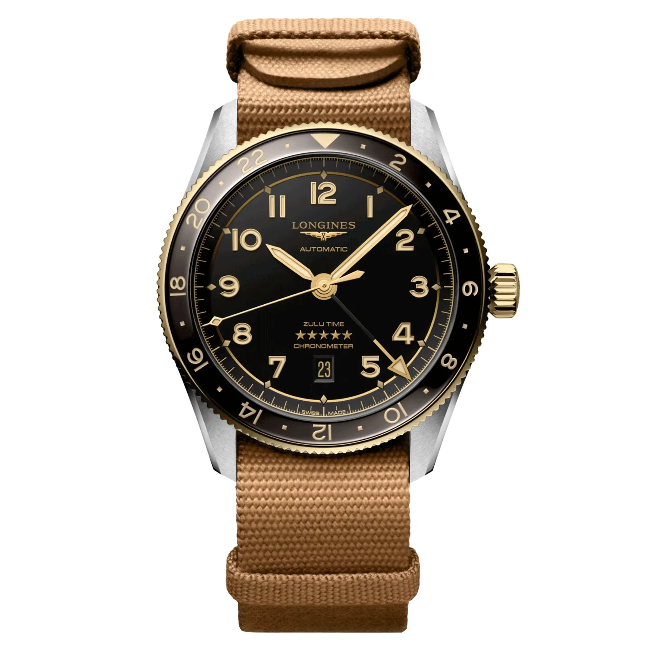 Montre Longines Spirit Zulu Time Steel&Gold automatique cadran noir bracelet NATO brun 42 mm