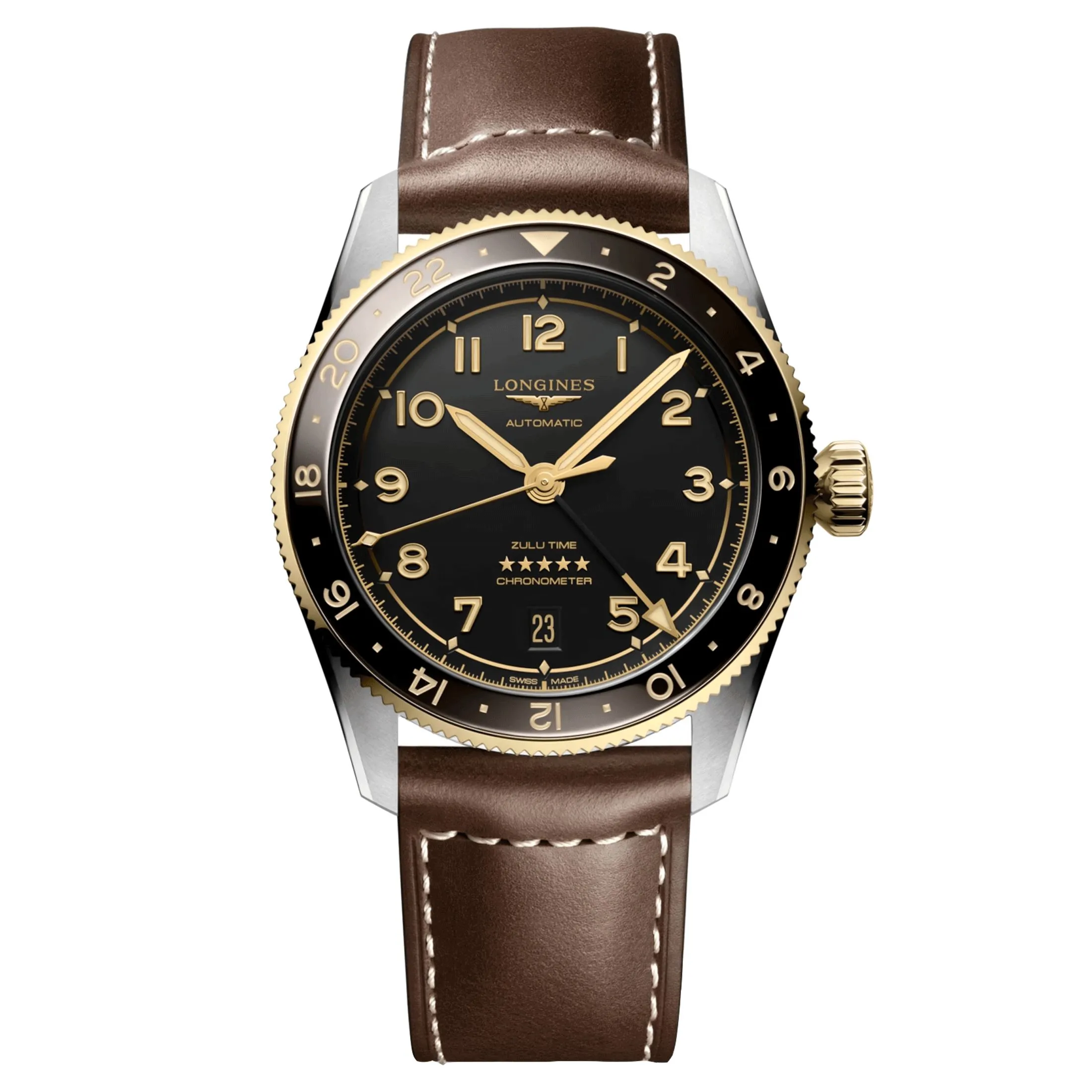 Montre Longines Spirit Zulu Time Steel&Gold automatique cadran noir bracelet cuir brun 39 mm