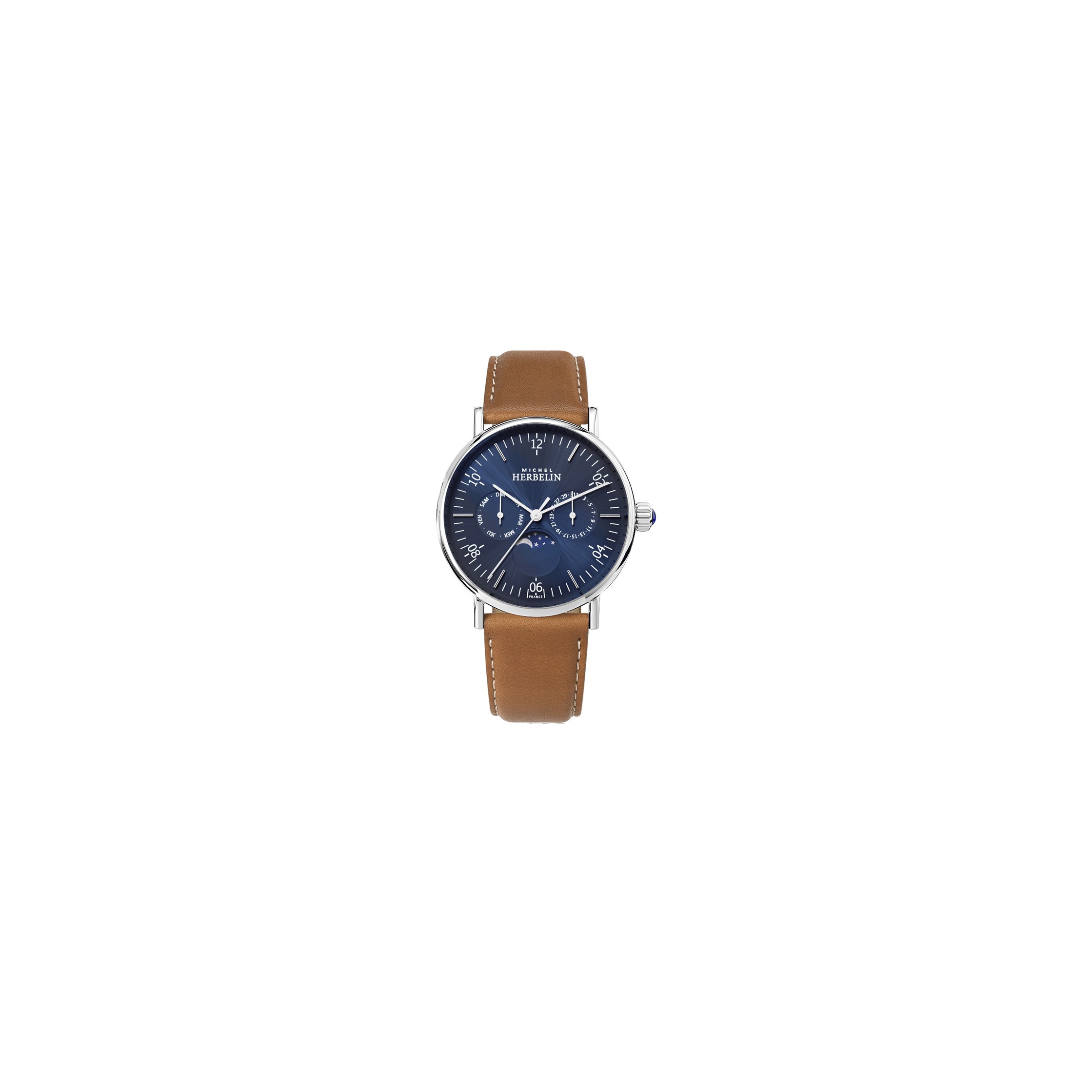 Montre Michel Herbelin Inspiration quartz Phase de lune cadran bleu soleillé bracelet cuir brun 38 mm