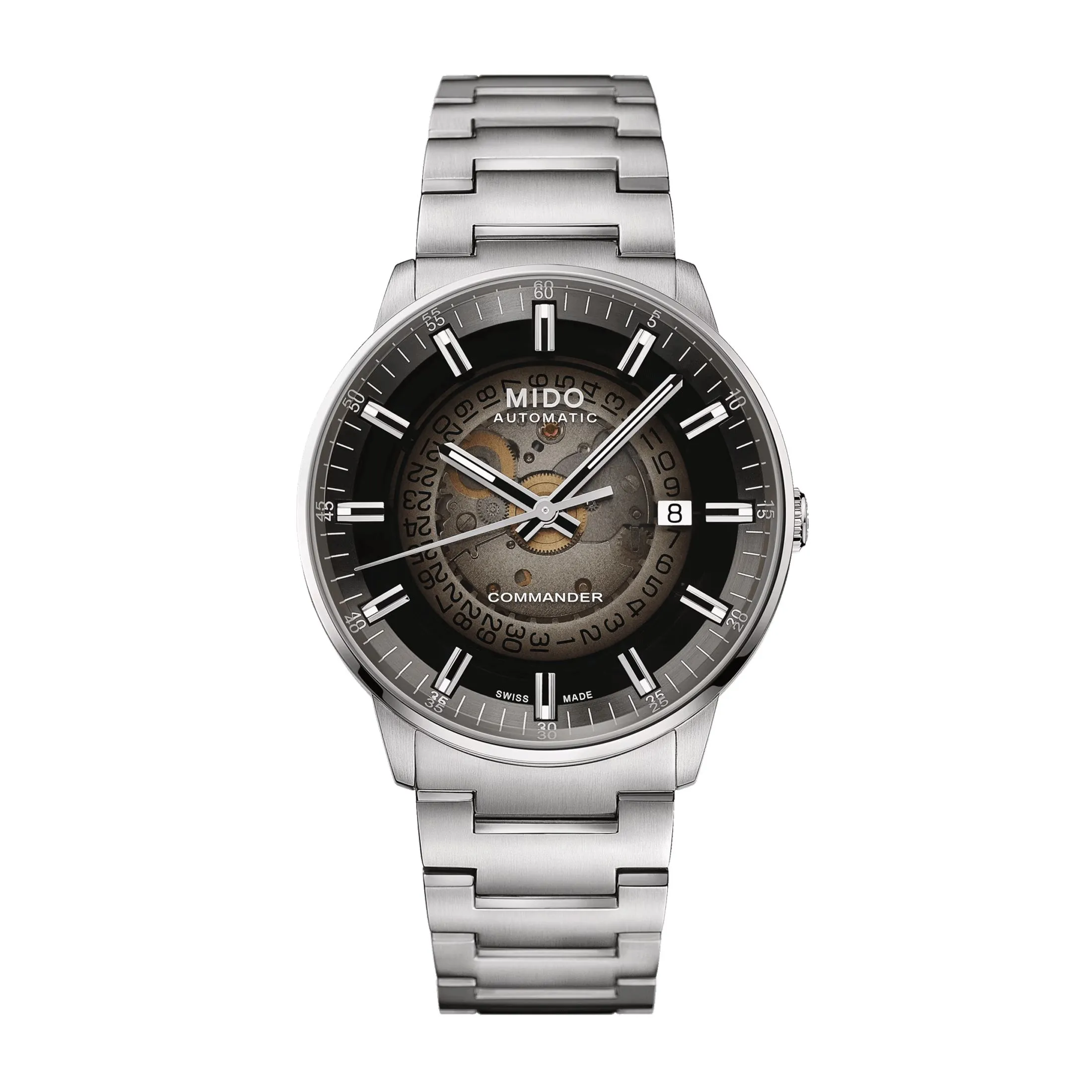 Montre Mido Commander Gradient automatique cadran squelette fumé noir bracelet acier 40 mm
