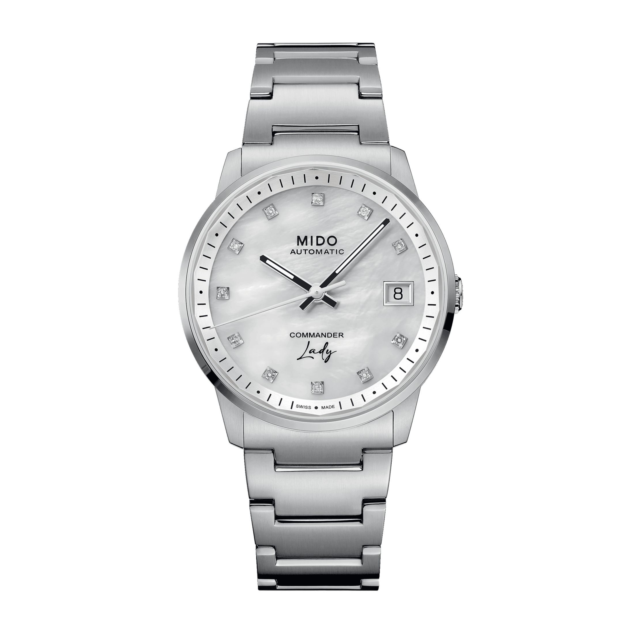 Montre Mido Commander Lady automatique index diamants cadran nacre blanche bracelet acier 35 mm