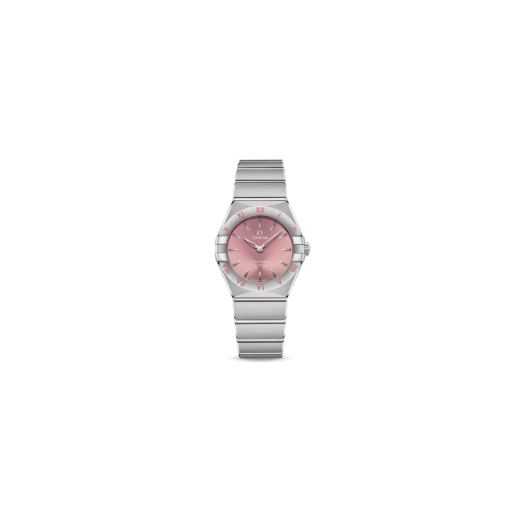 Montre Omega Constellation Quartz cadran rose bracelet acier 28 mm