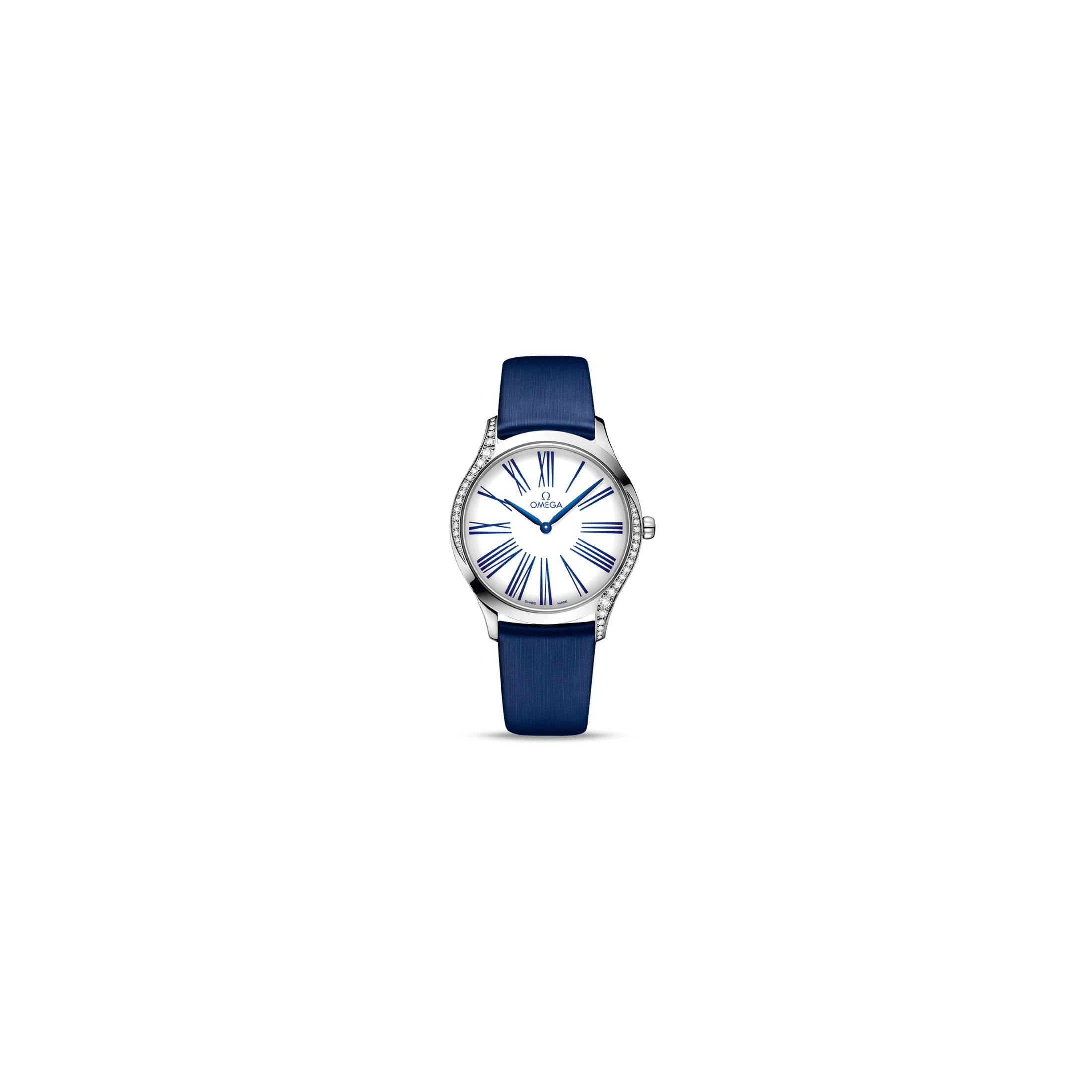 Montre Omega De Ville Trésor quartz cadran blanc bracelet tissu bleu 36 mm