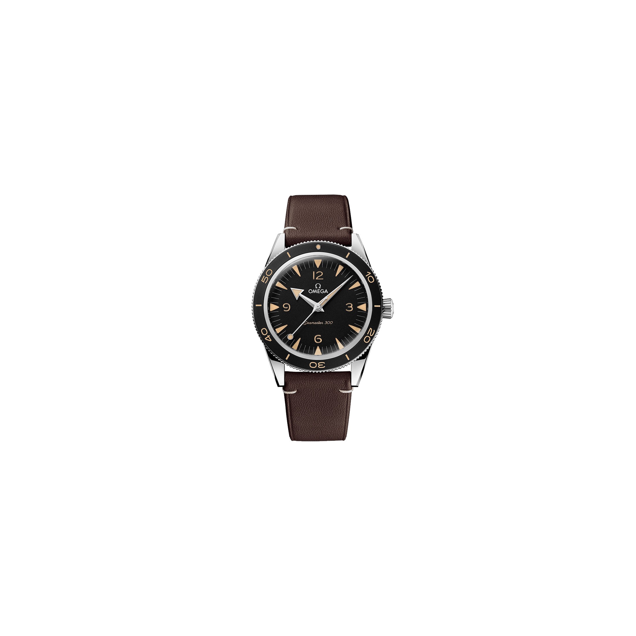 Montre Omega Seamaster 300 automatique Co-Axial cadran noir bracelet cuir brun 41 mm