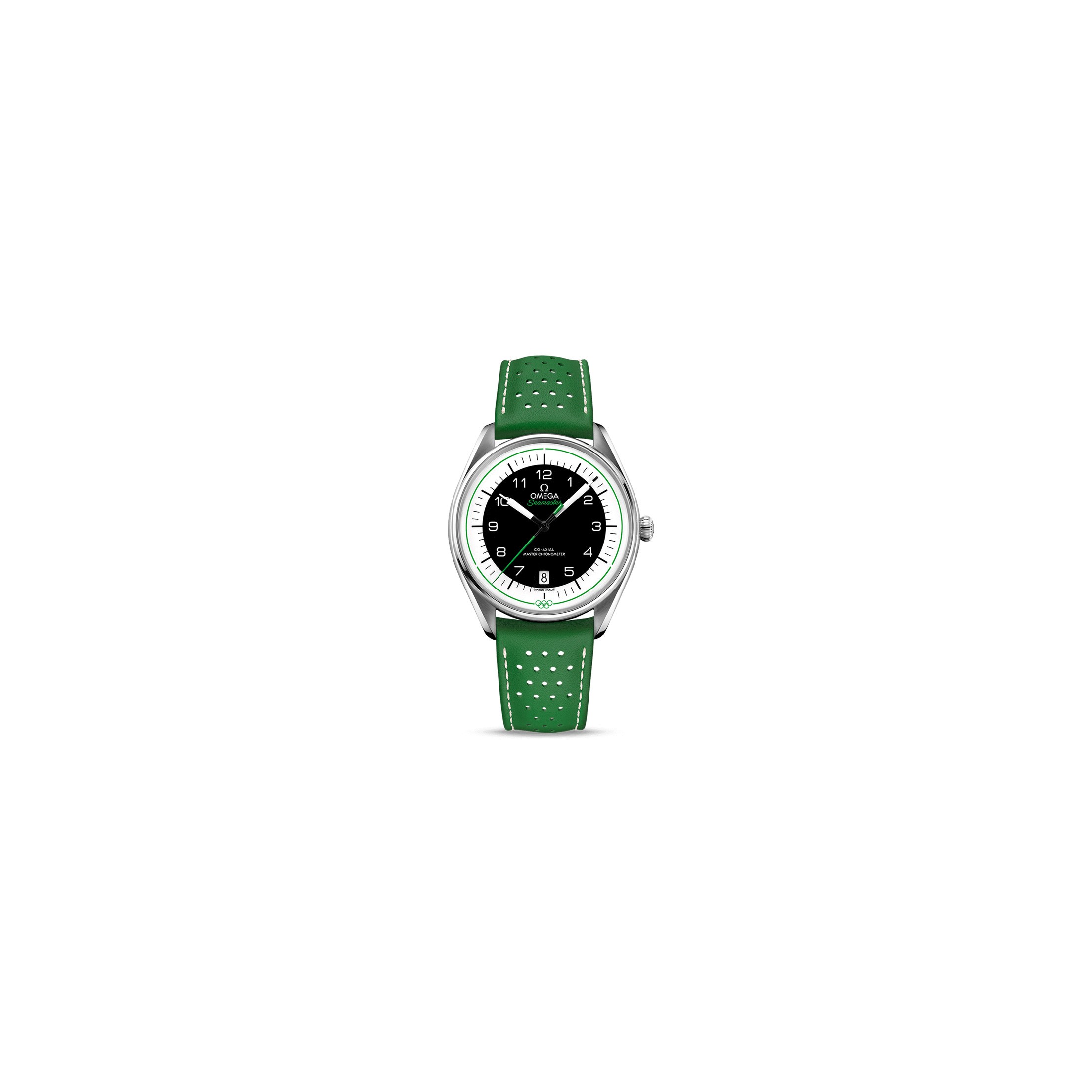 Montre Omega Seamaster Jeux Olympiques cadran blanc bracelet cuir vert Edition limitée 2032 ex. 39,5 mm