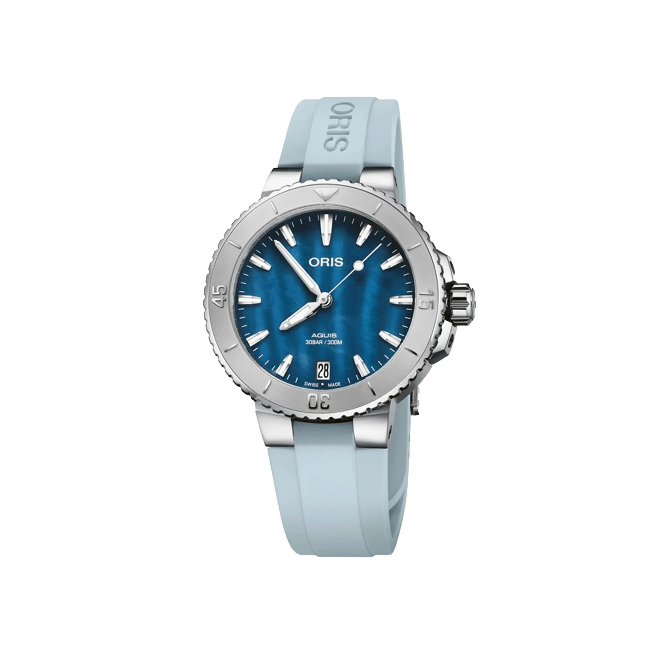 Montre Oris Plongée Aquis Date automatique cadran nacre bleu bracelet caoutchouc 36,5 mm
