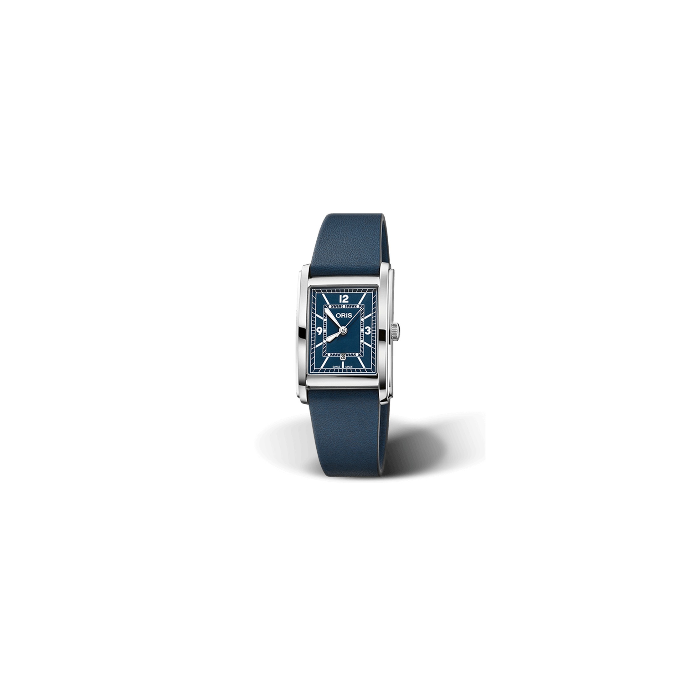 Montre Oris Rectangular automatique cadran bleu bracelet cuir 25.50 x 38.00 mm