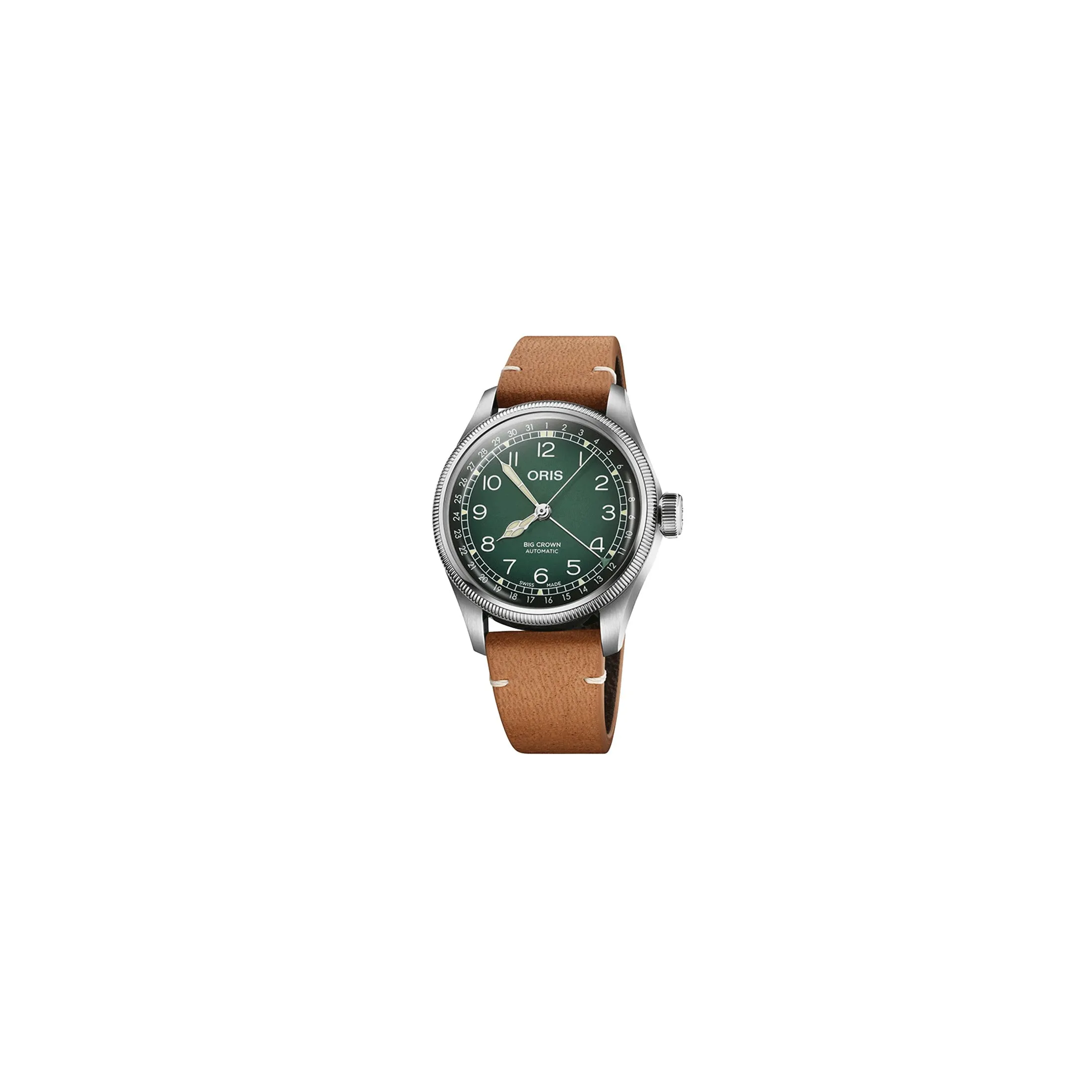 Montre Oris X Cervo Volante Big Crown Pointer Date automatique cadran vert bracelet cuir 38 mm