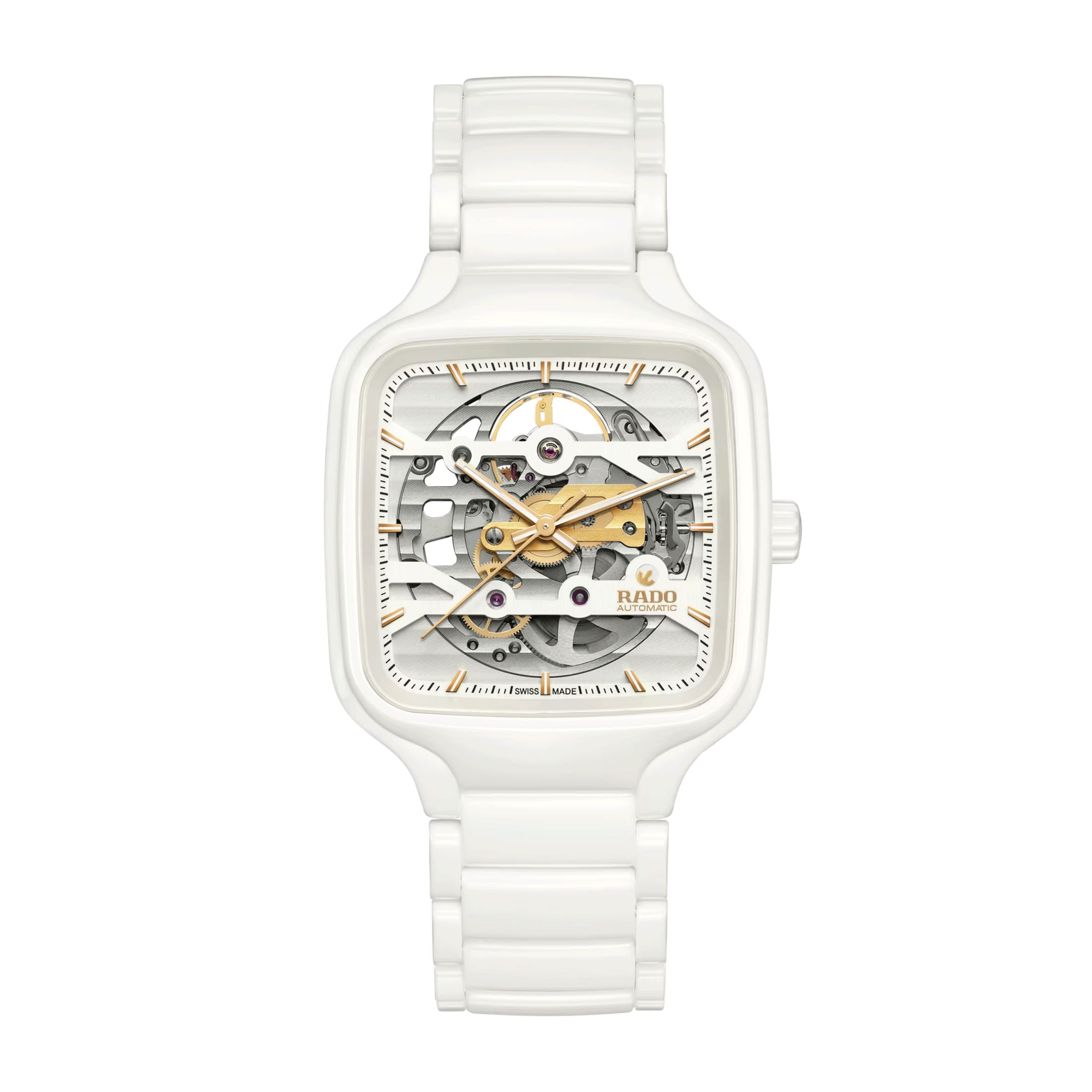 Montre Rado True Square Skeleton automatique cadran squelette bracelet céramique blanche 38 mm