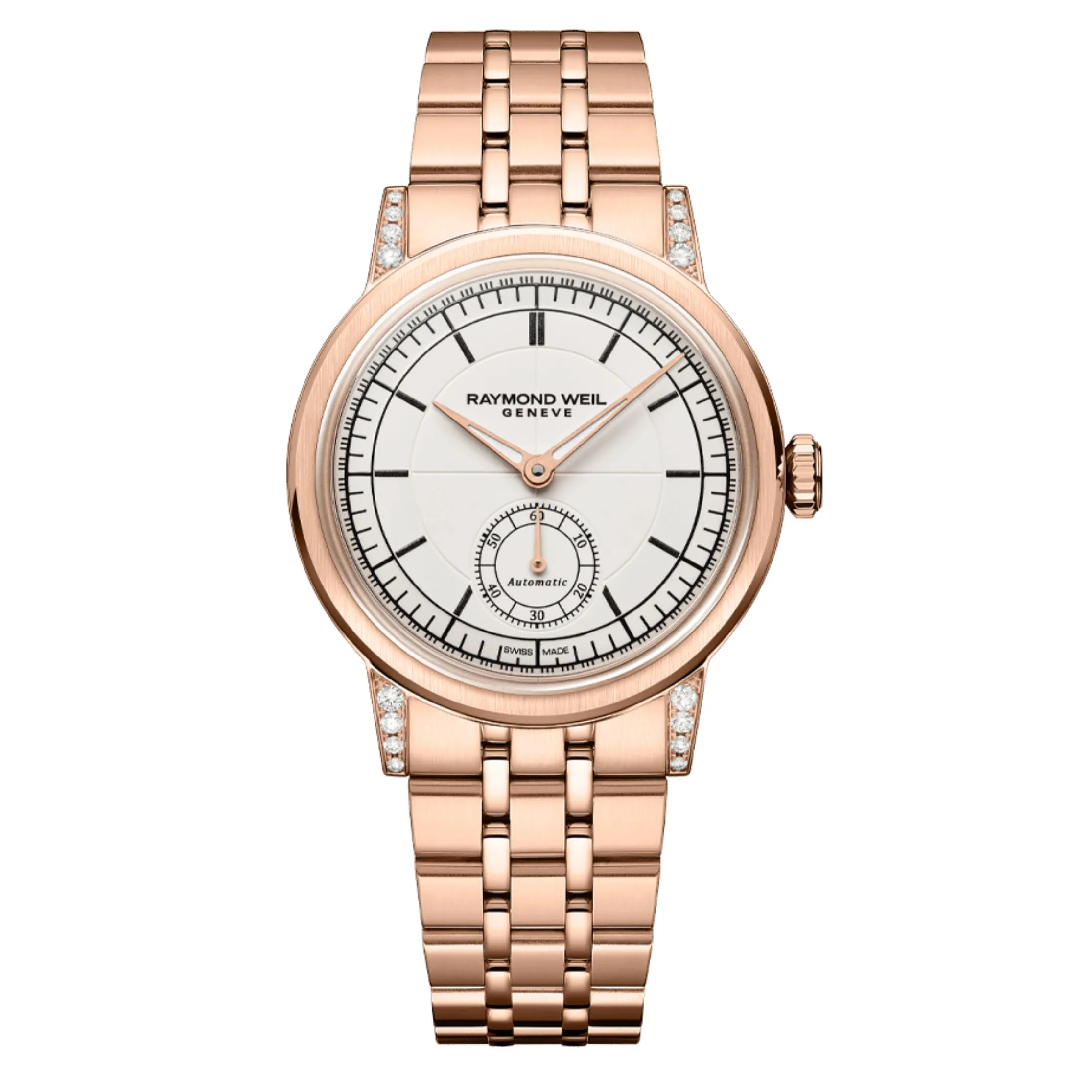 Montre Raymond Weil Millesime Automatique Petite Seconde Diamants PVD Or Rose cadran crème bracelet acier 35 mm