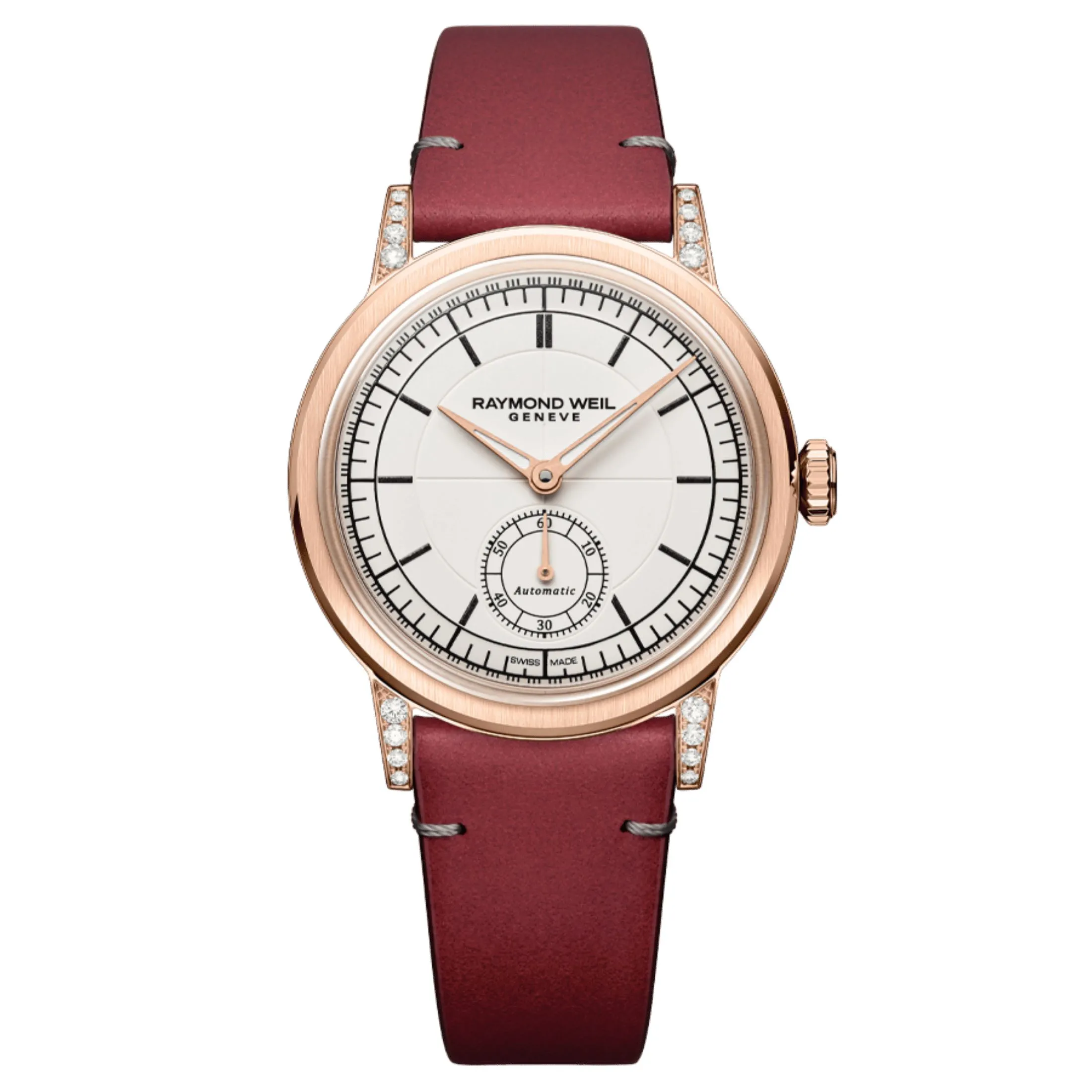 Montre Raymond Weil Millesime Automatique Petite Seconde Diamants PVD Or Rose cadran crème bracelet cuir 35 mm