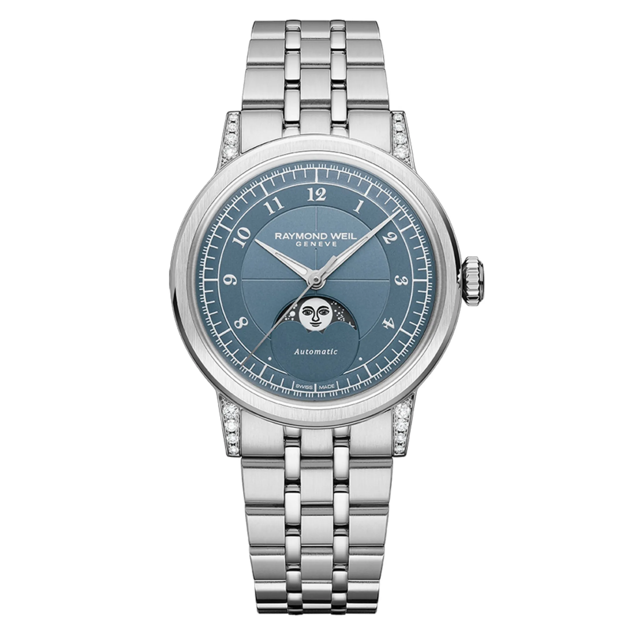 Montre Raymond Weil Millesime Automatique Phase de Lune Diamants cadran bleu bracelet acier 35 mm