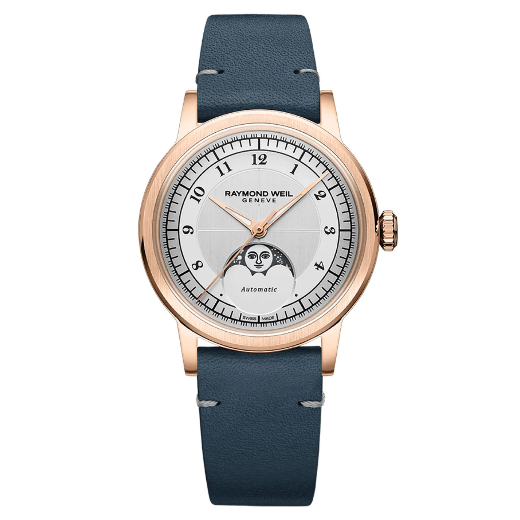 Montre Raymond Weil Millesime Automatique Phase de Lune PVD Or rose cadran argenté bracelet cuir 35 mm