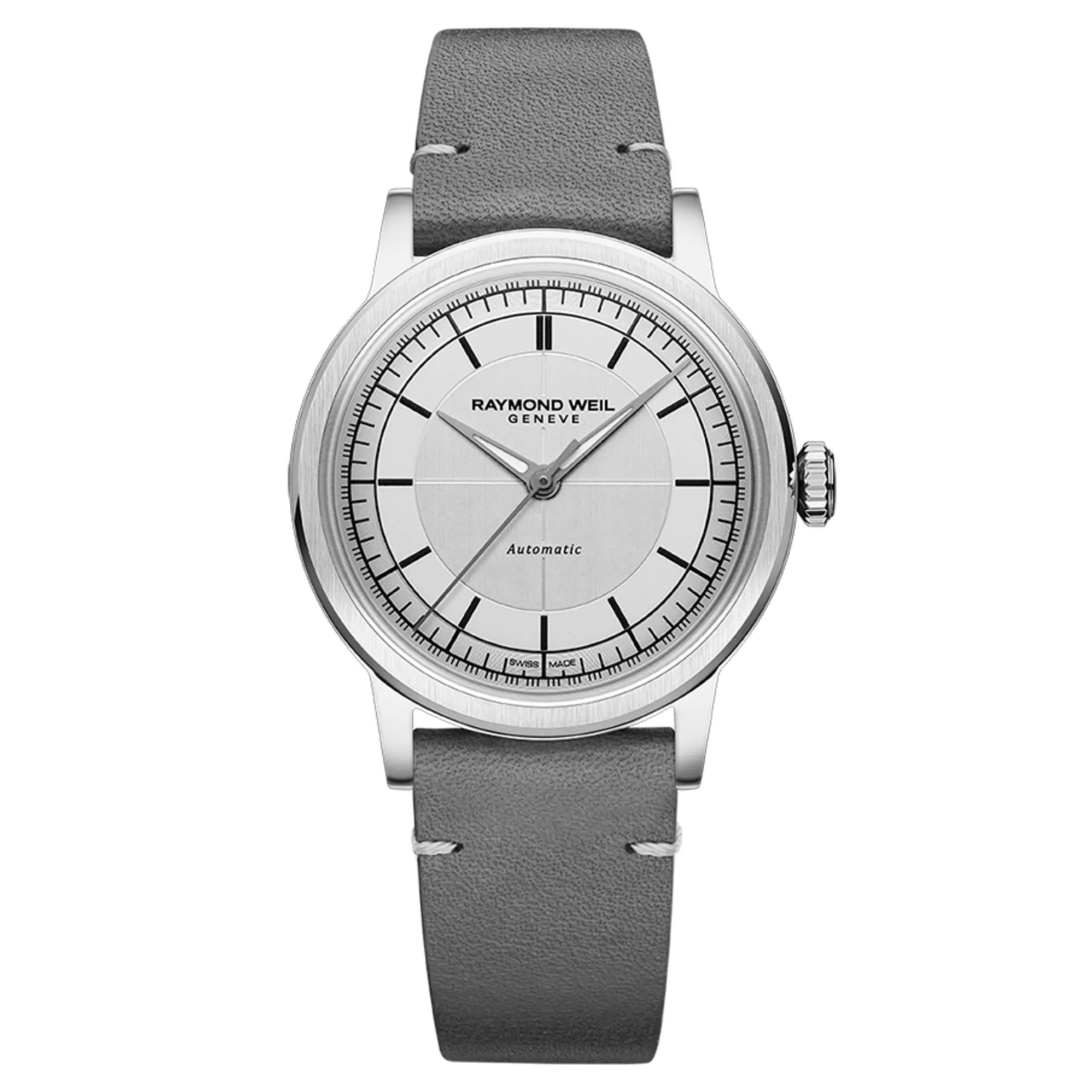 Montre Raymond Weil Millesime Automatique Seconde Centrale cadran argenté bracelet cuir 35 mm