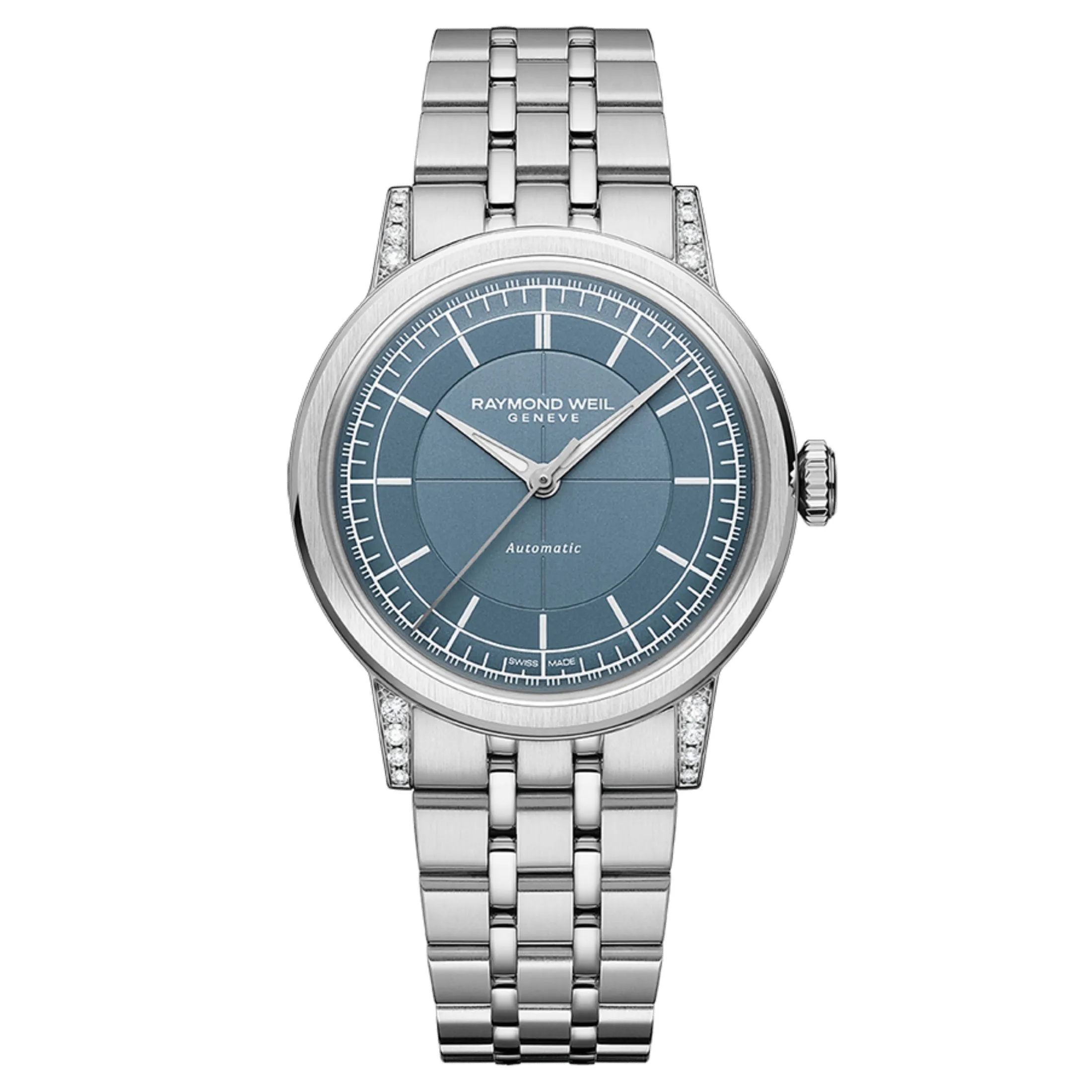 Montre Raymond Weil Millesime Automatique Seconde Centrale Diamants cadran bleu bracelet acier 35 mm