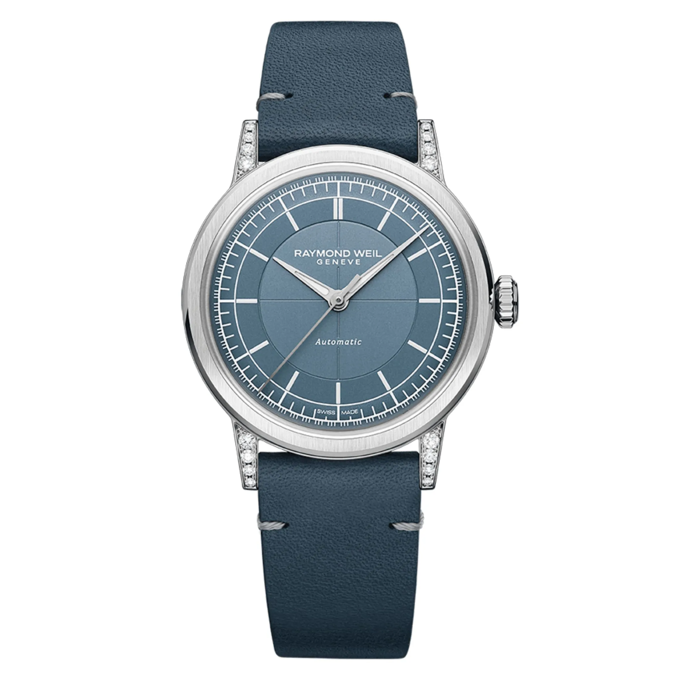 Montre Raymond Weil Millesime Automatique Seconde Centrale Diamants cadran bleu bracelet cuir 35 mm