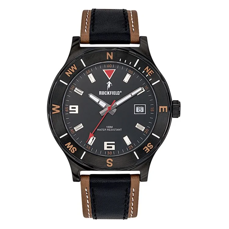 Montre Ruckfield - New Vintage - Cuir Noir et Marron - Cadran Noir